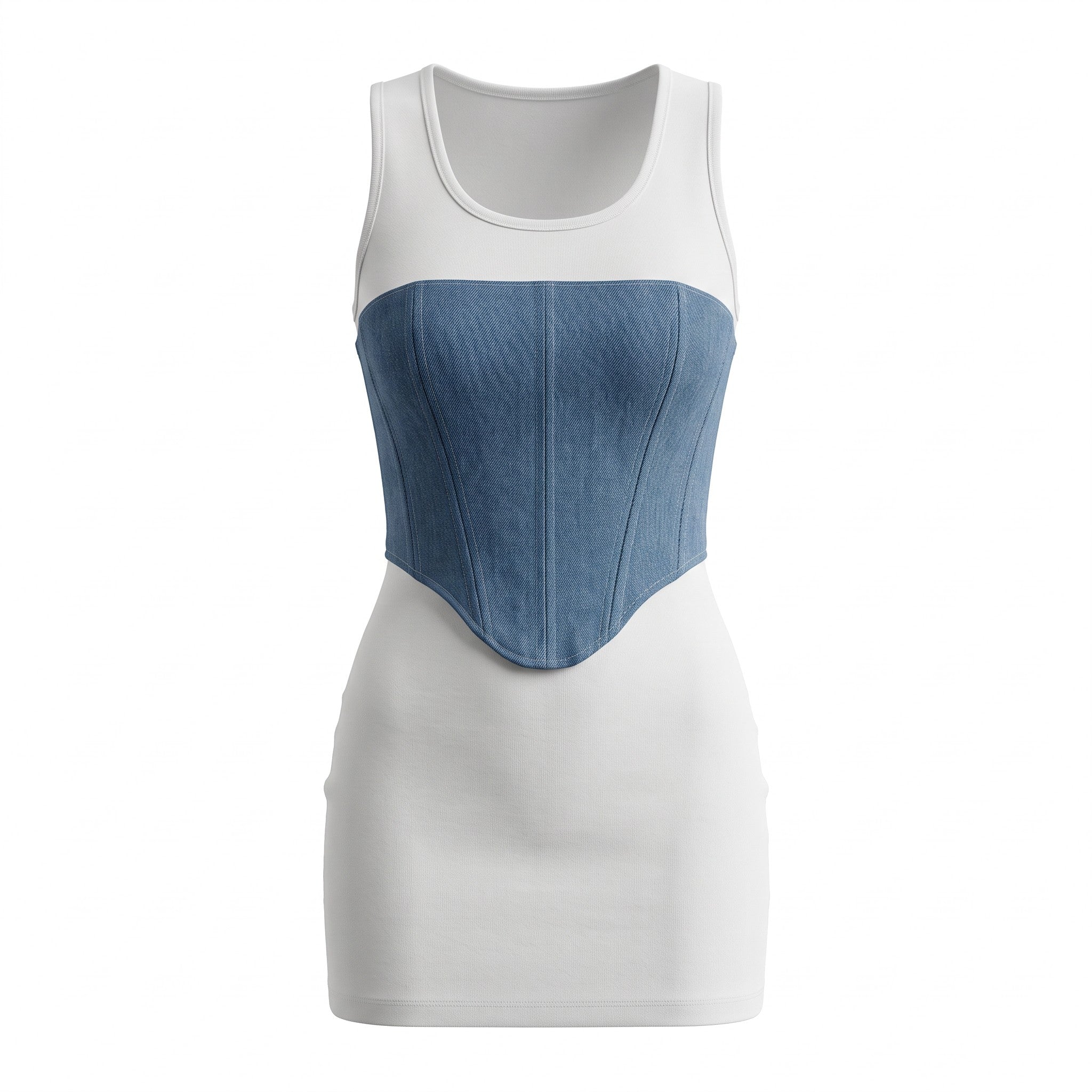 Ribbed Cotton & Denim Corset Mini Dress