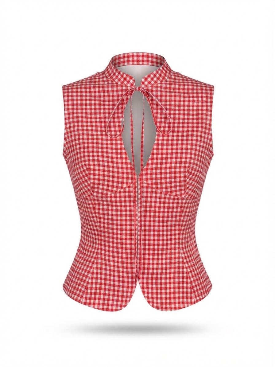 Gingham Tie-Front Sleeveless Top