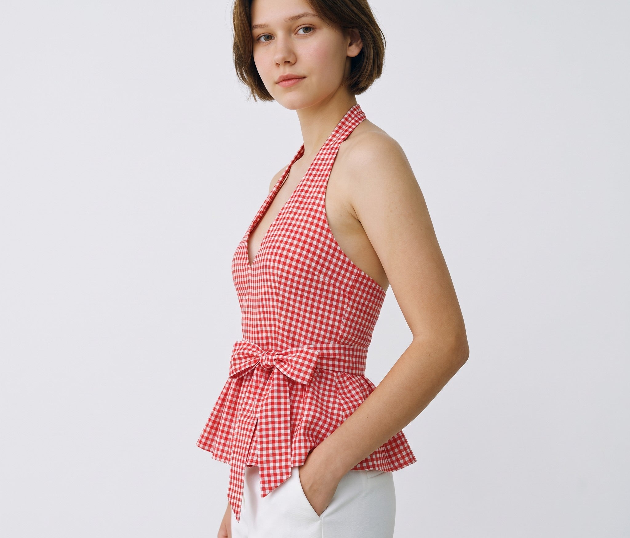 Gingham Halter Peplum Top