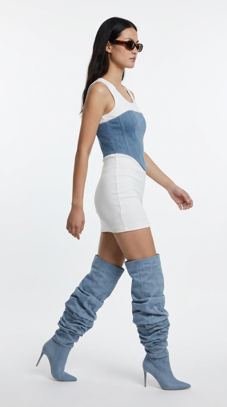 Ribbed Cotton & Denim Corset Mini Dress