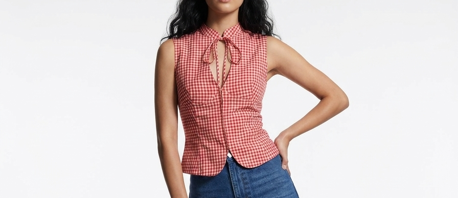 Gingham Tie-Front Sleeveless Top