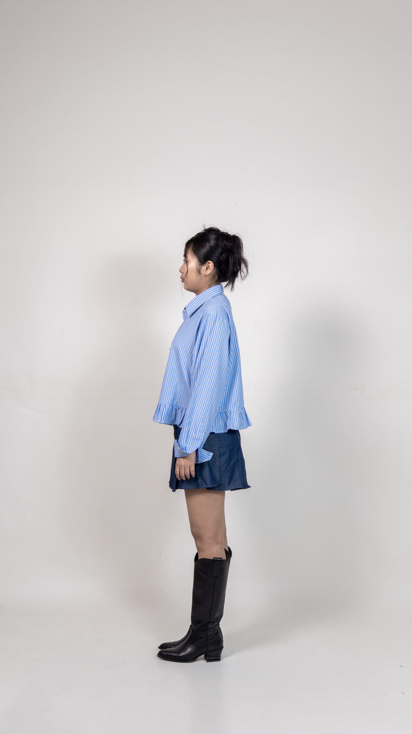 Blue Striped Ruffle Hem Shirt with Buckle Detail