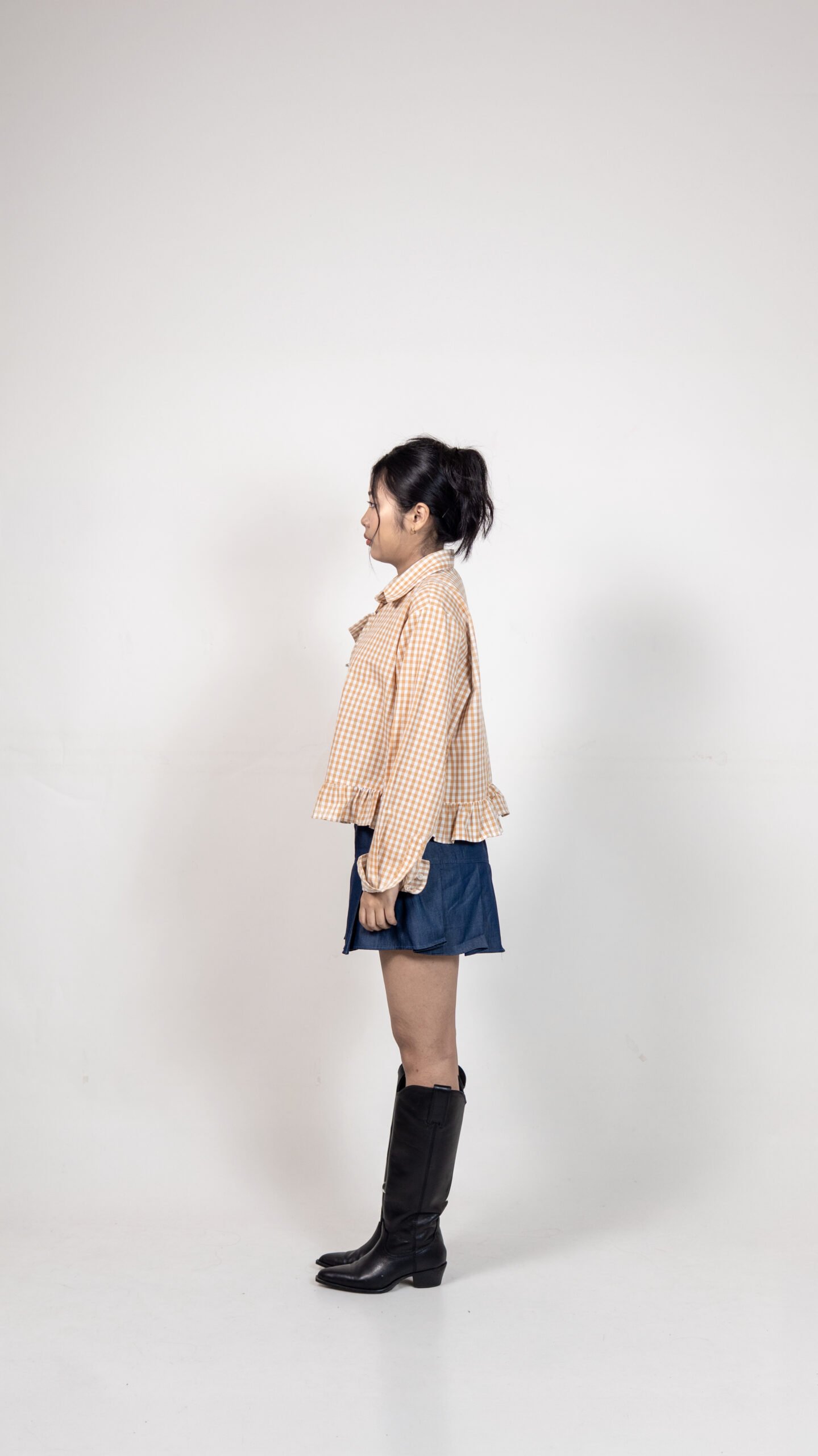 Brown Checked Ruffle Hem Shirt with Buckle Detail