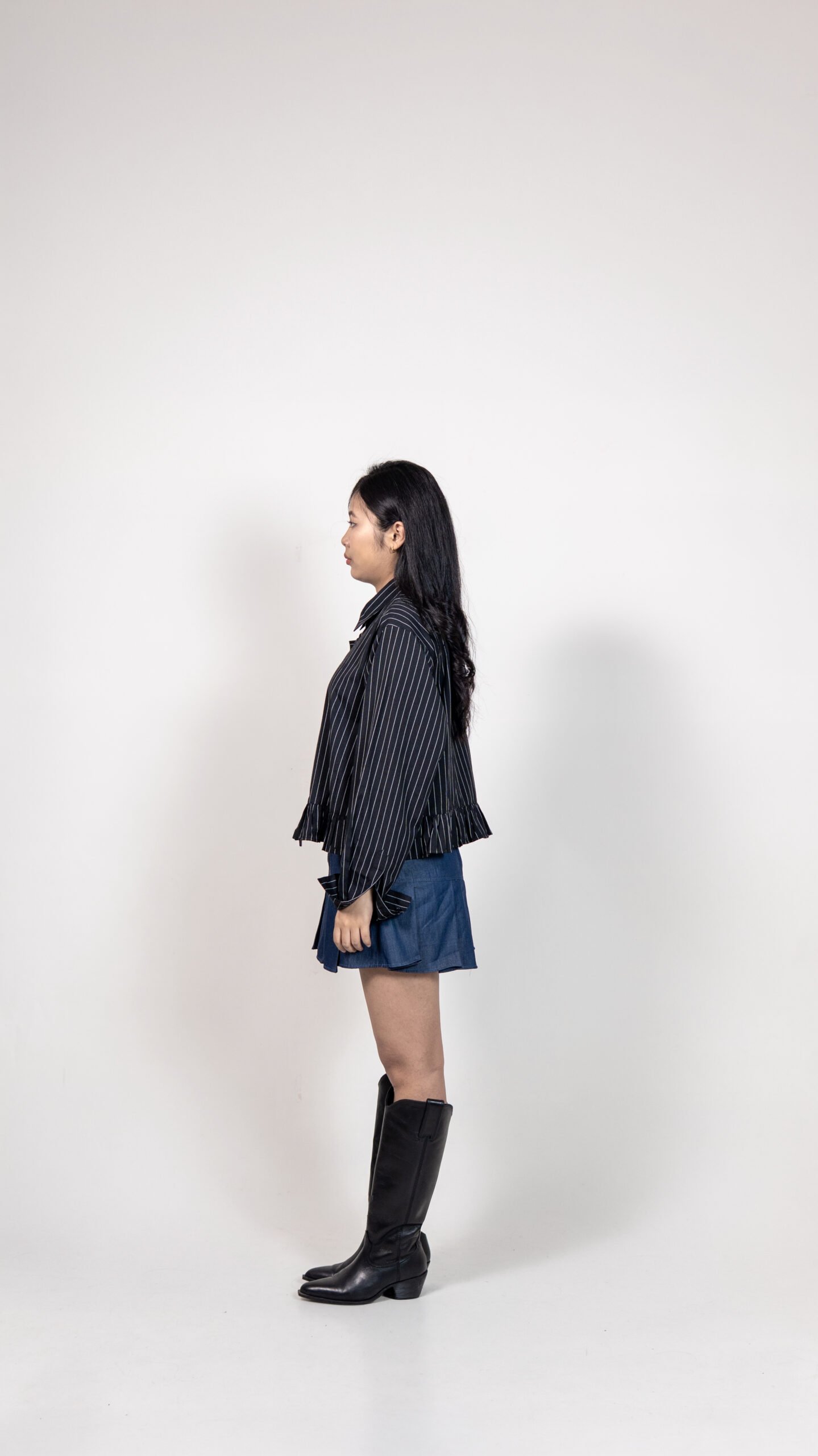 Black Pinstriped Ruffle Hem Shirt with Buckle Detail