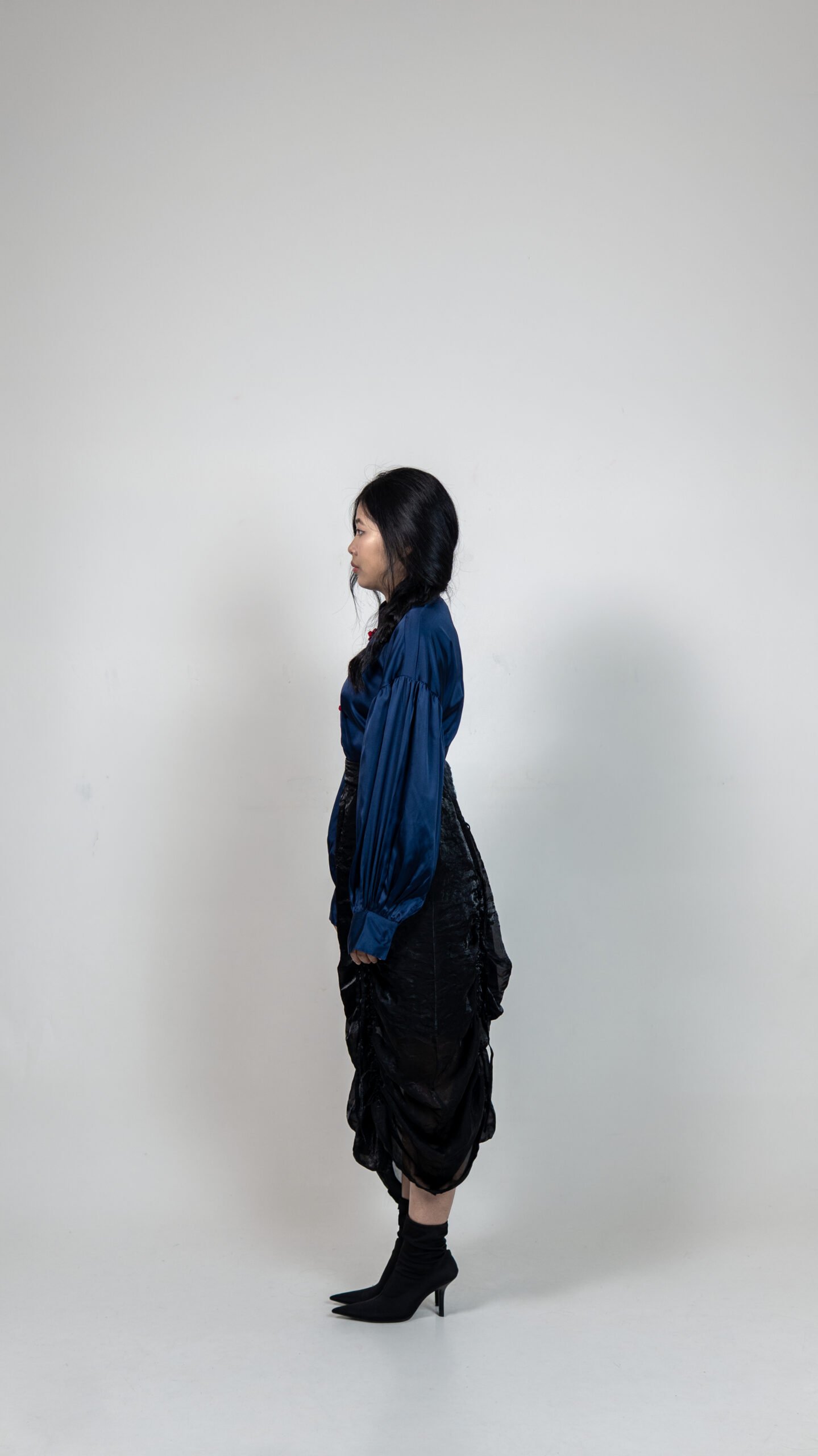 Navy Satin Top & Sheer Ruched Skirt