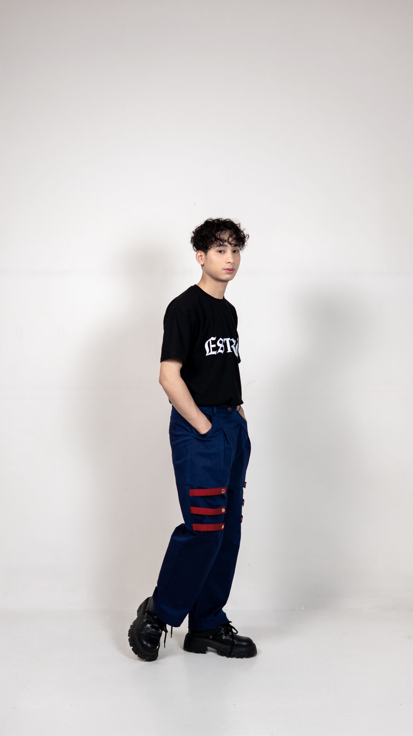 Navy Blue Cargo Pants with Red Strap Detail