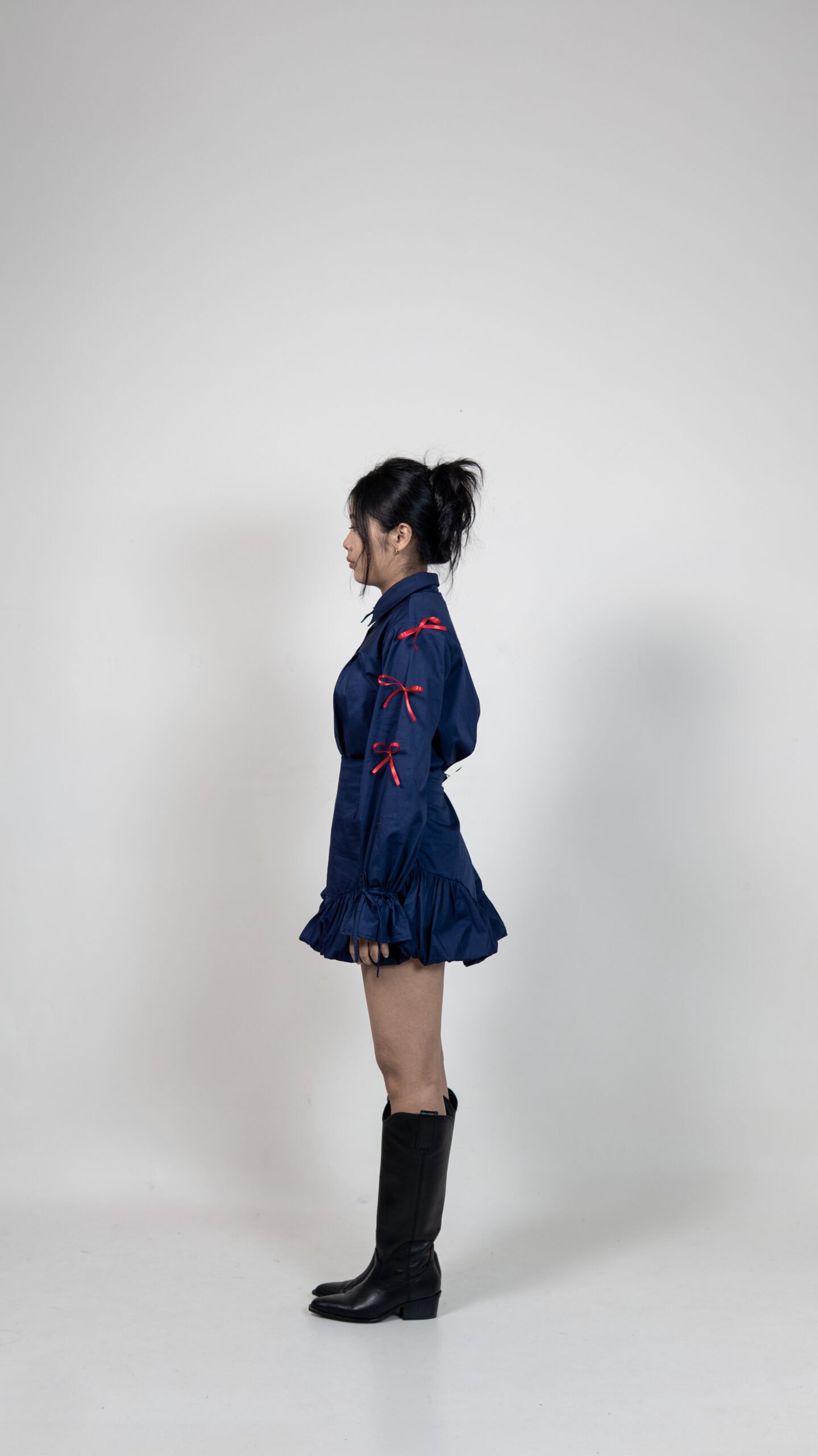 Navy Blue Shirt & balloon hem Skirt Set with Ribbon