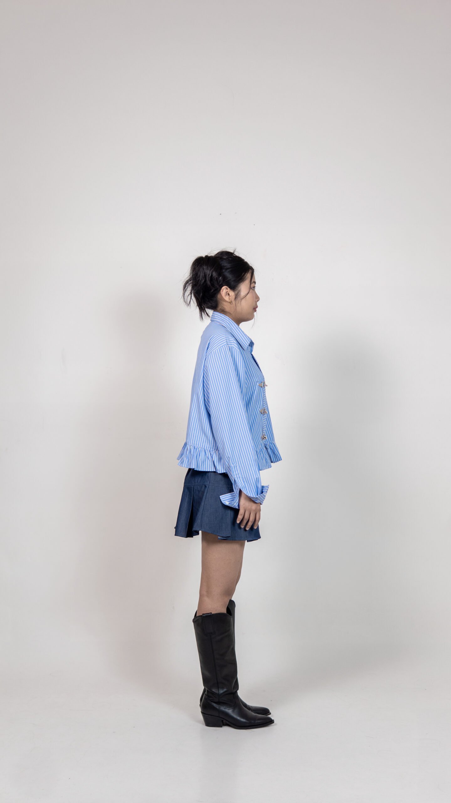Blue Striped Ruffle Hem Shirt with Buckle Detail