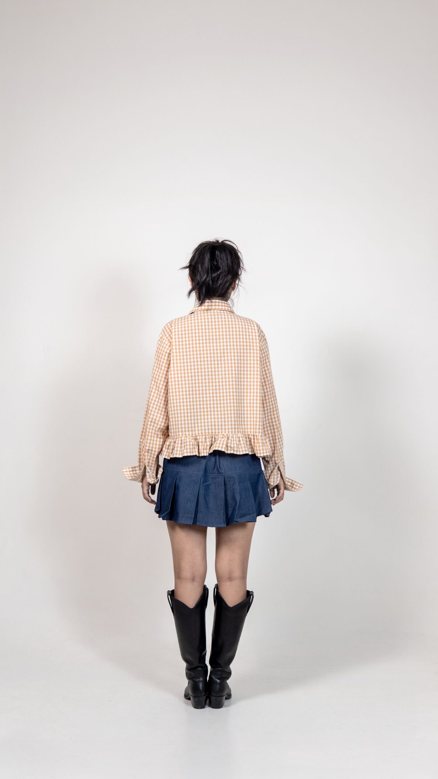 Brown Checked Ruffle Hem Shirt with Buckle Detail