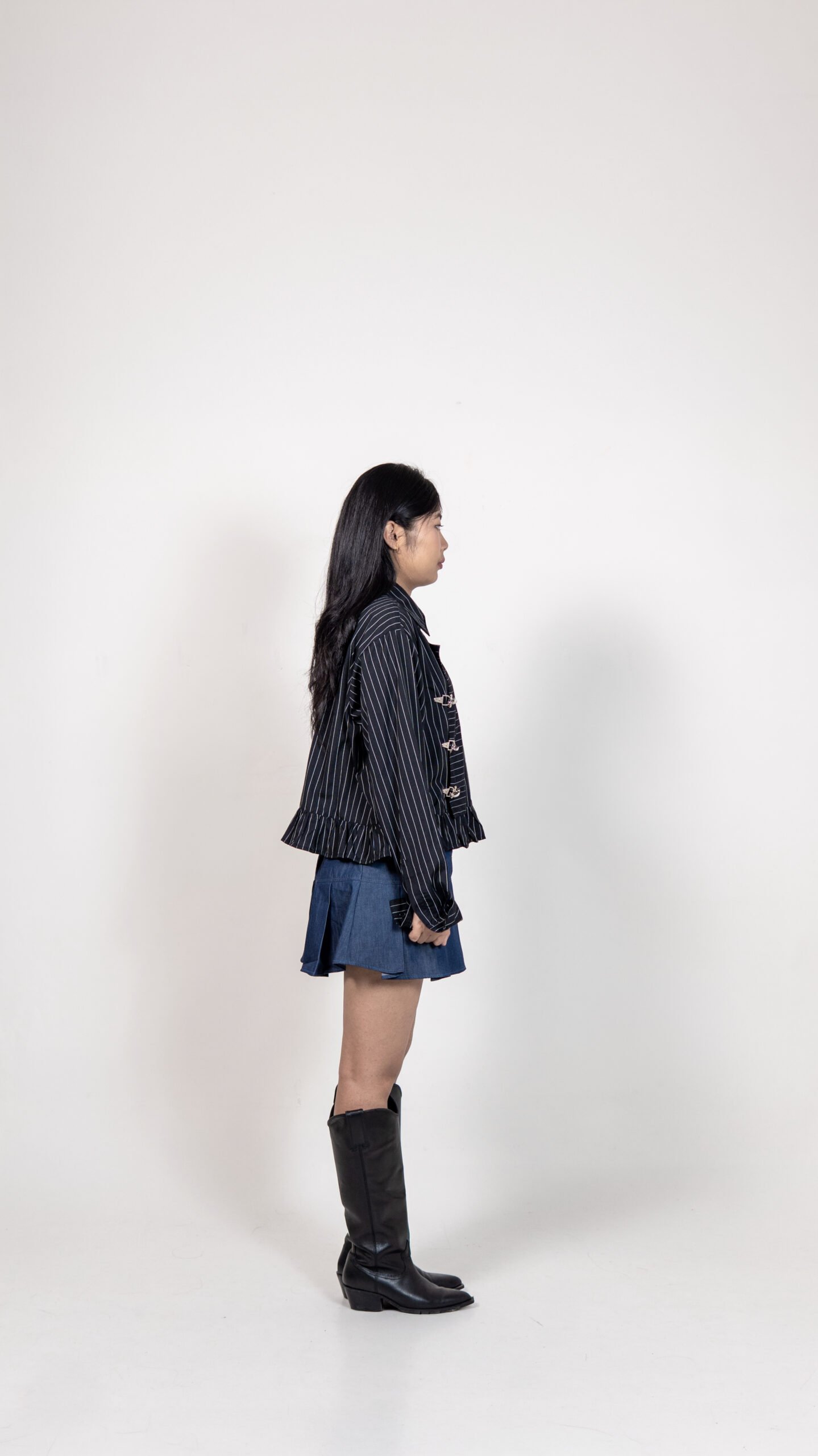 Black Pinstriped Ruffle Hem Shirt with Buckle Detail