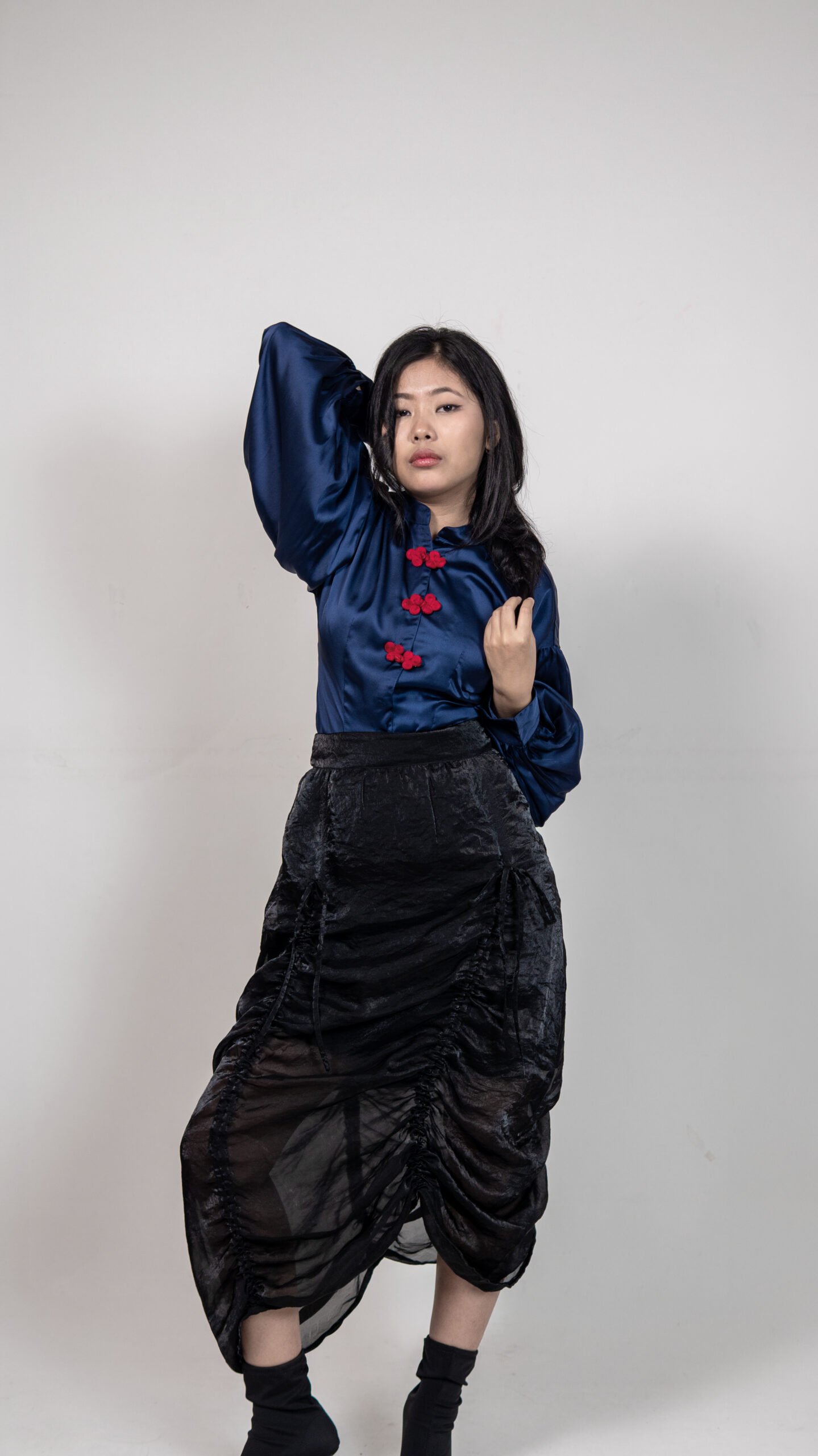 Navy Satin Top & Sheer Ruched Skirt