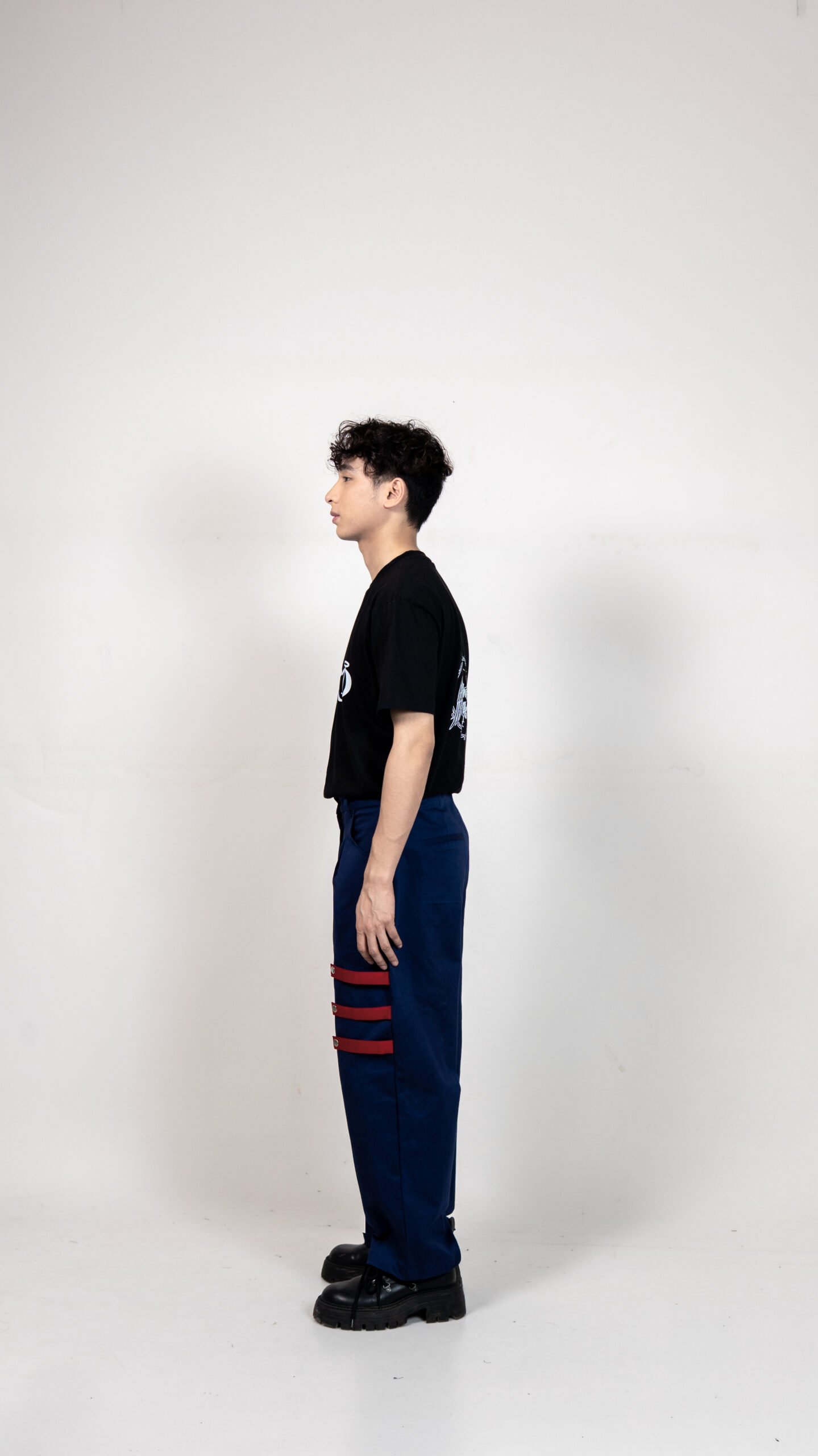Navy Blue Cargo Pants with Red Strap Detail