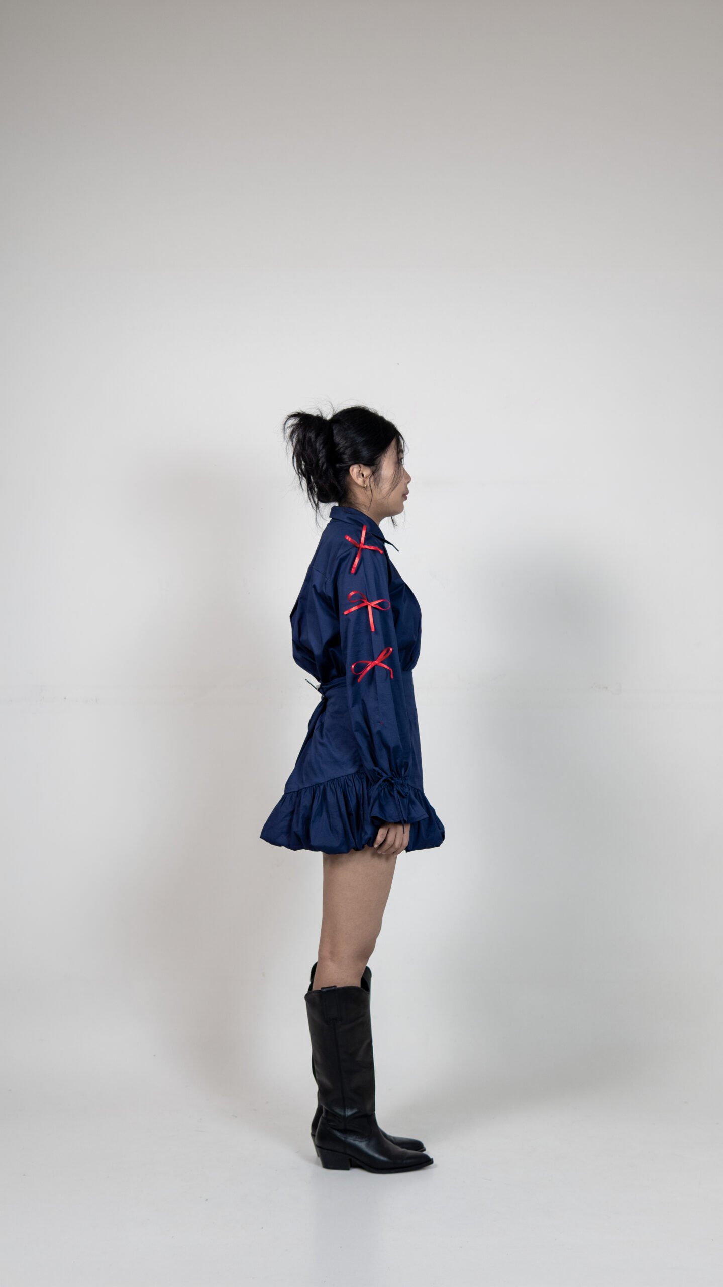 Navy Blue Shirt & balloon hem Skirt Set with Ribbon