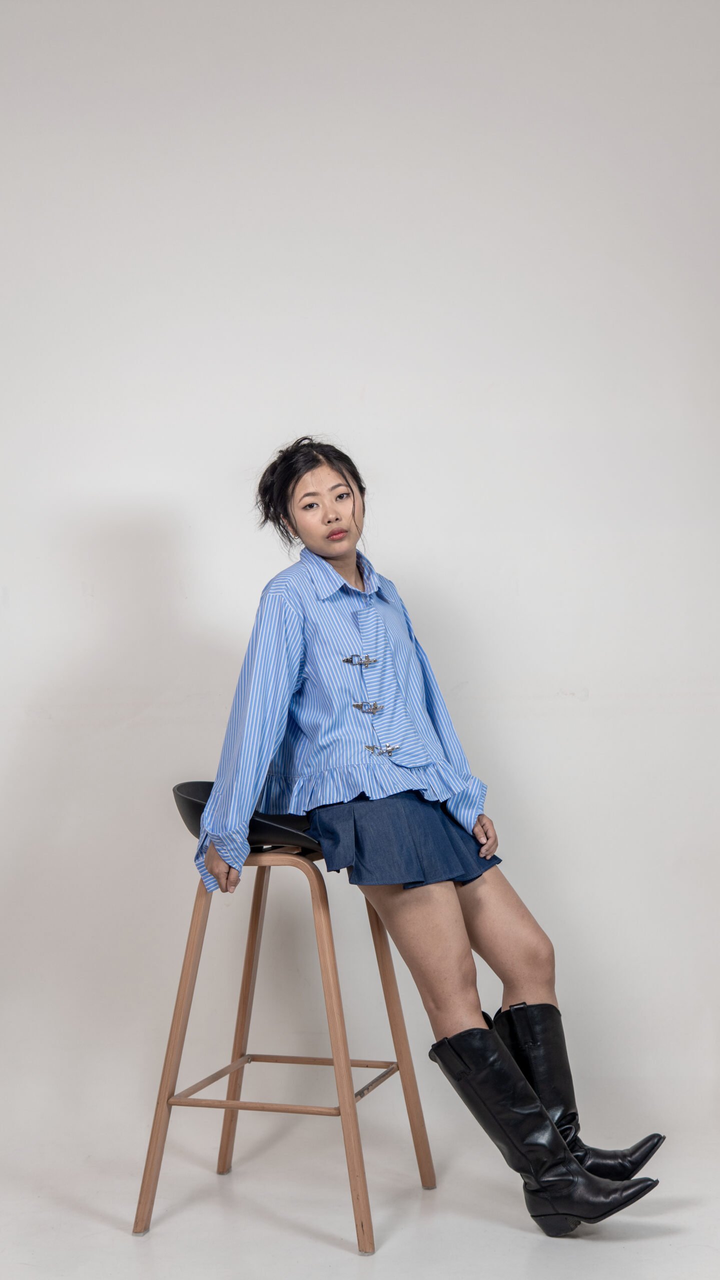Blue Striped Ruffle Hem Shirt with Buckle Detail