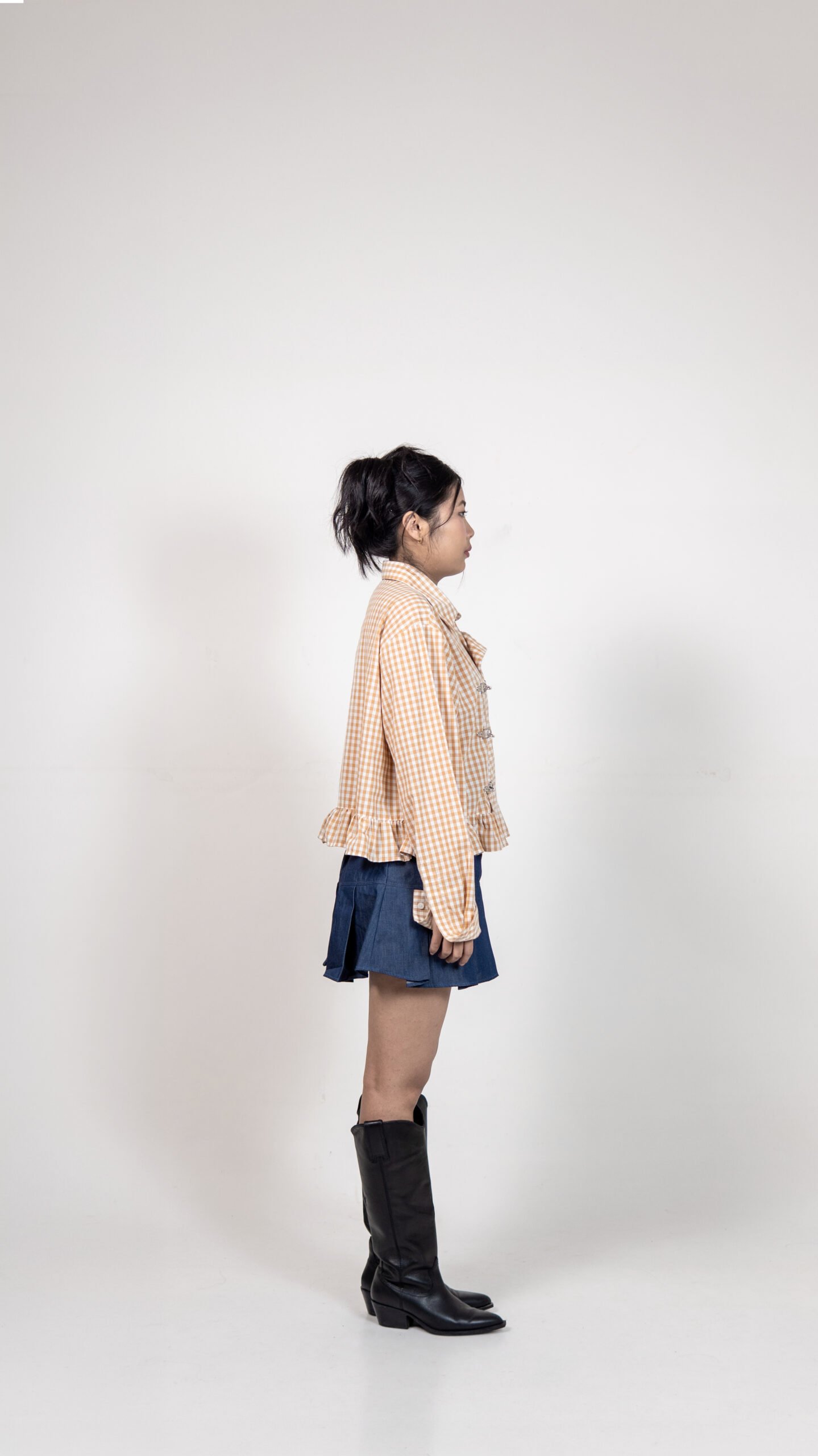 Brown Checked Ruffle Hem Shirt with Buckle Detail