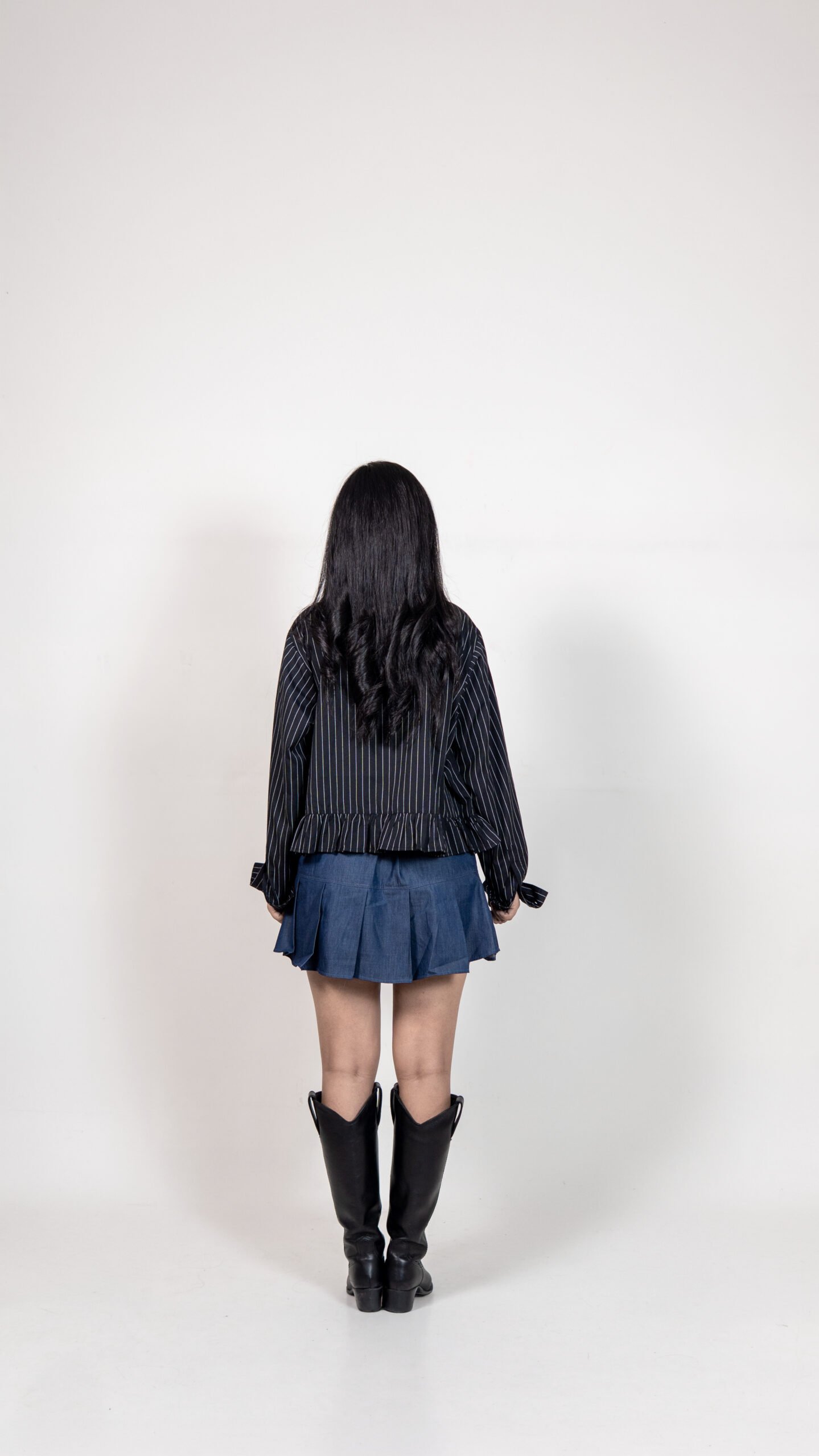 Black Pinstriped Ruffle Hem Shirt with Buckle Detail