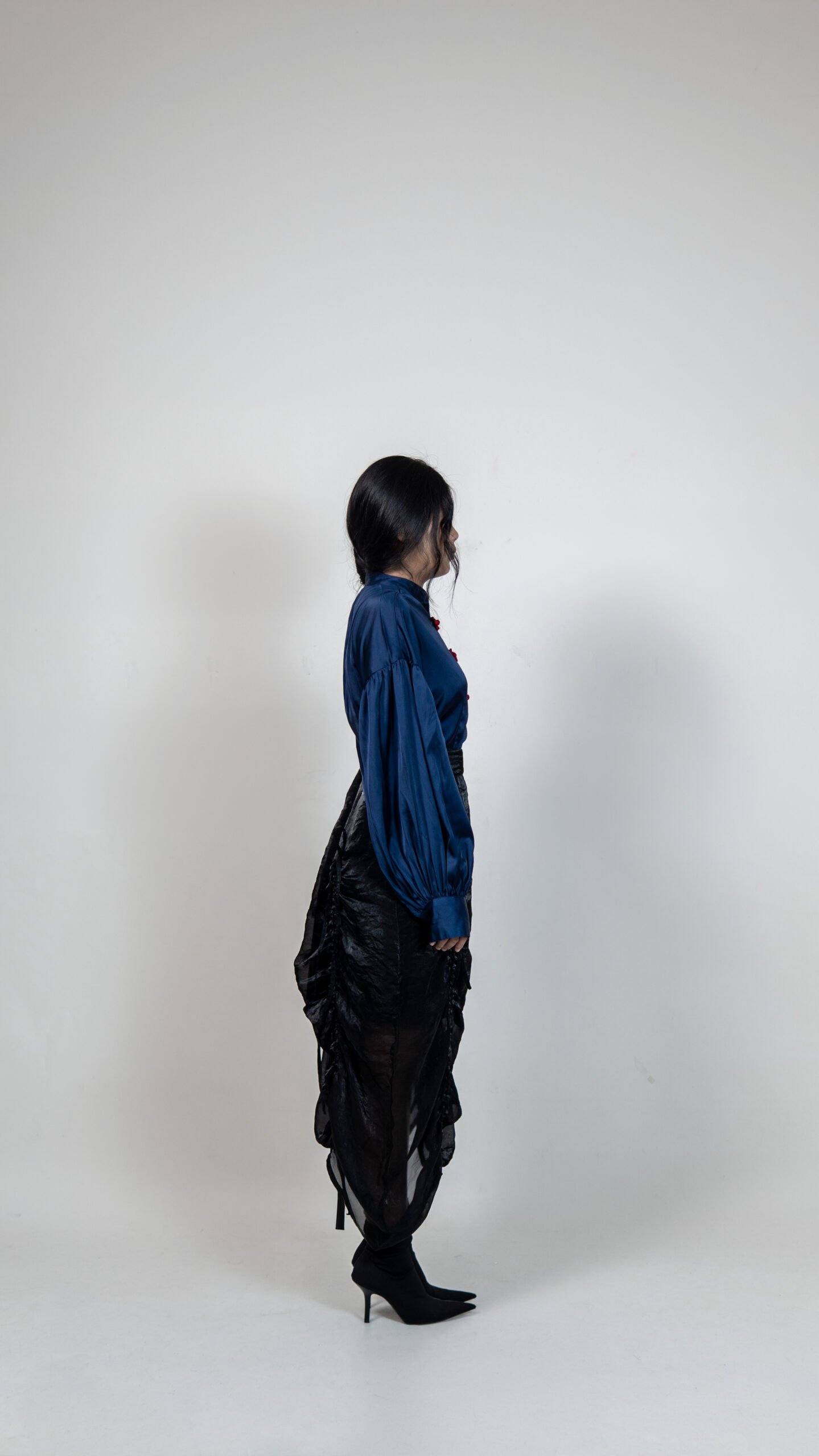 Navy Satin Top & Sheer Ruched Skirt