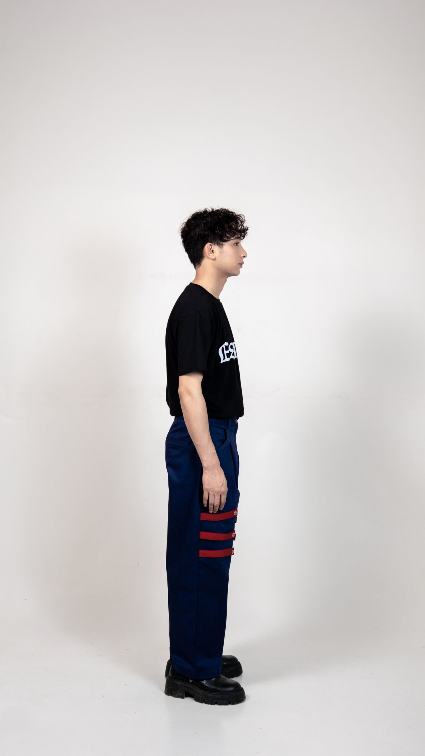 Navy Blue Cargo Pants with Red Strap Detail