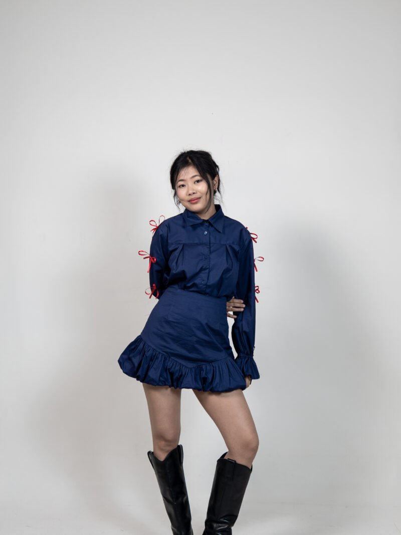 Navy Blue Shirt & balloon hem Skirt Set with Ribbon