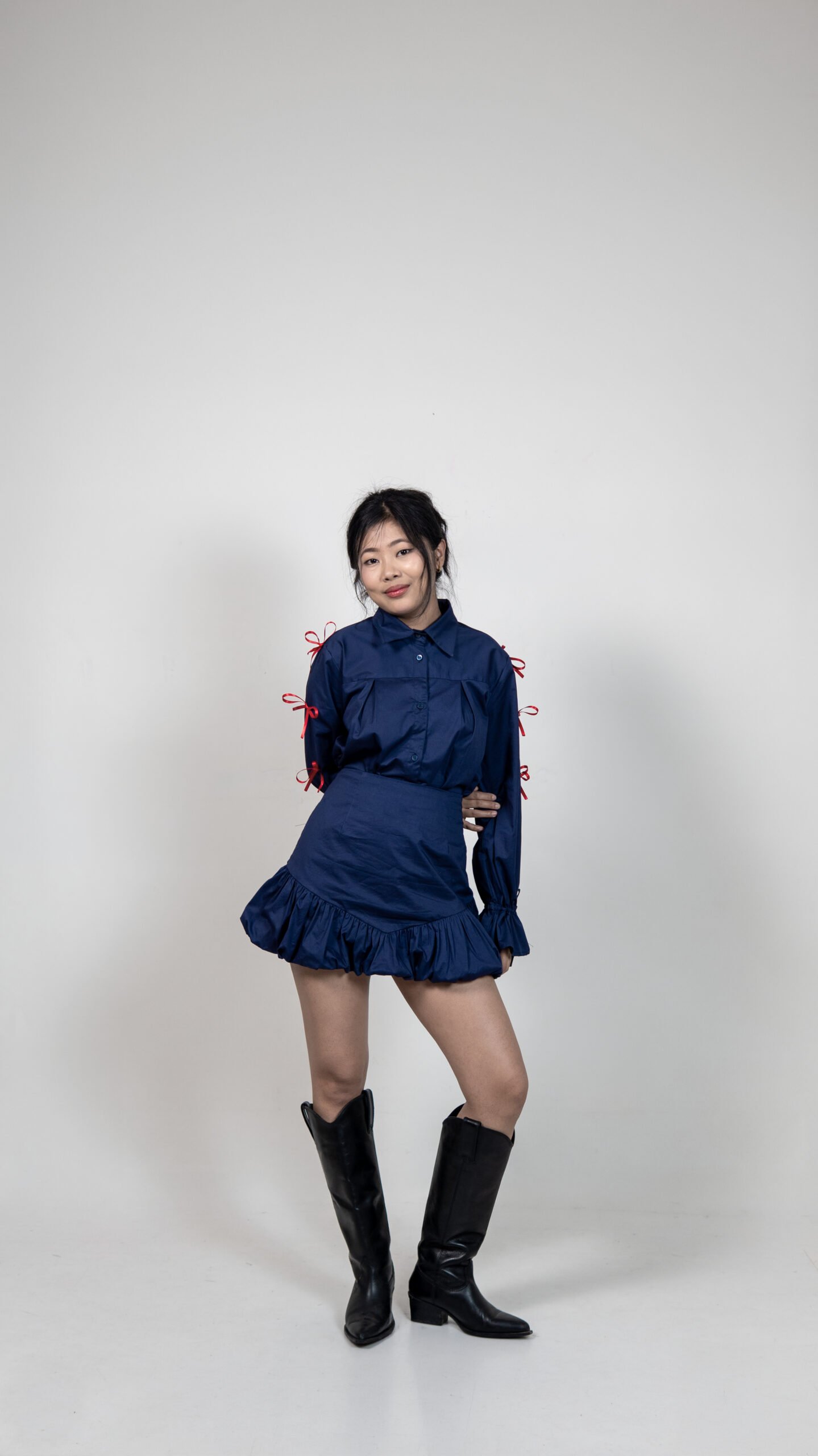Navy Blue Shirt & balloon hem Skirt Set with Ribbon
