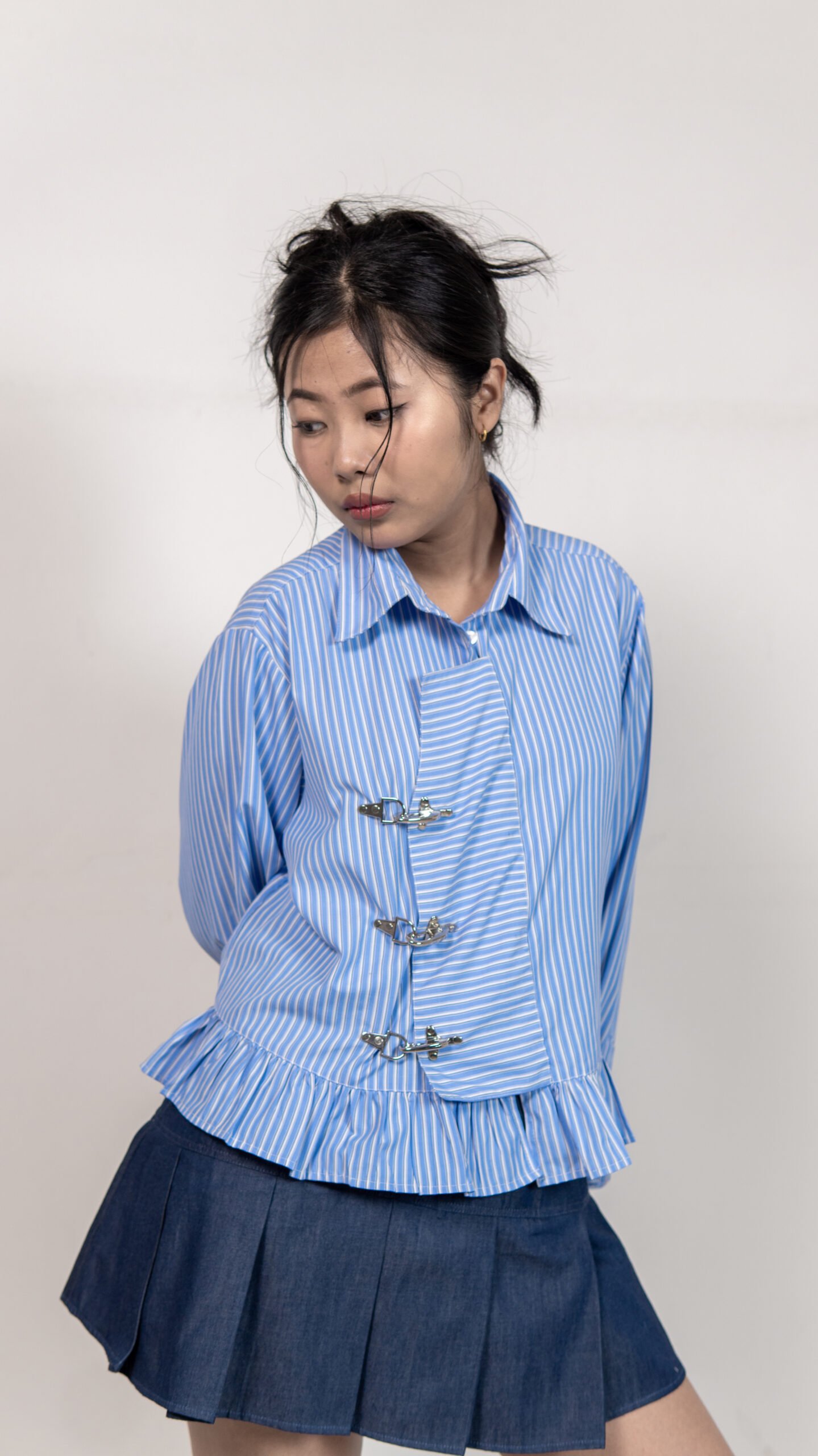 Blue Striped Ruffle Hem Shirt with Buckle Detail