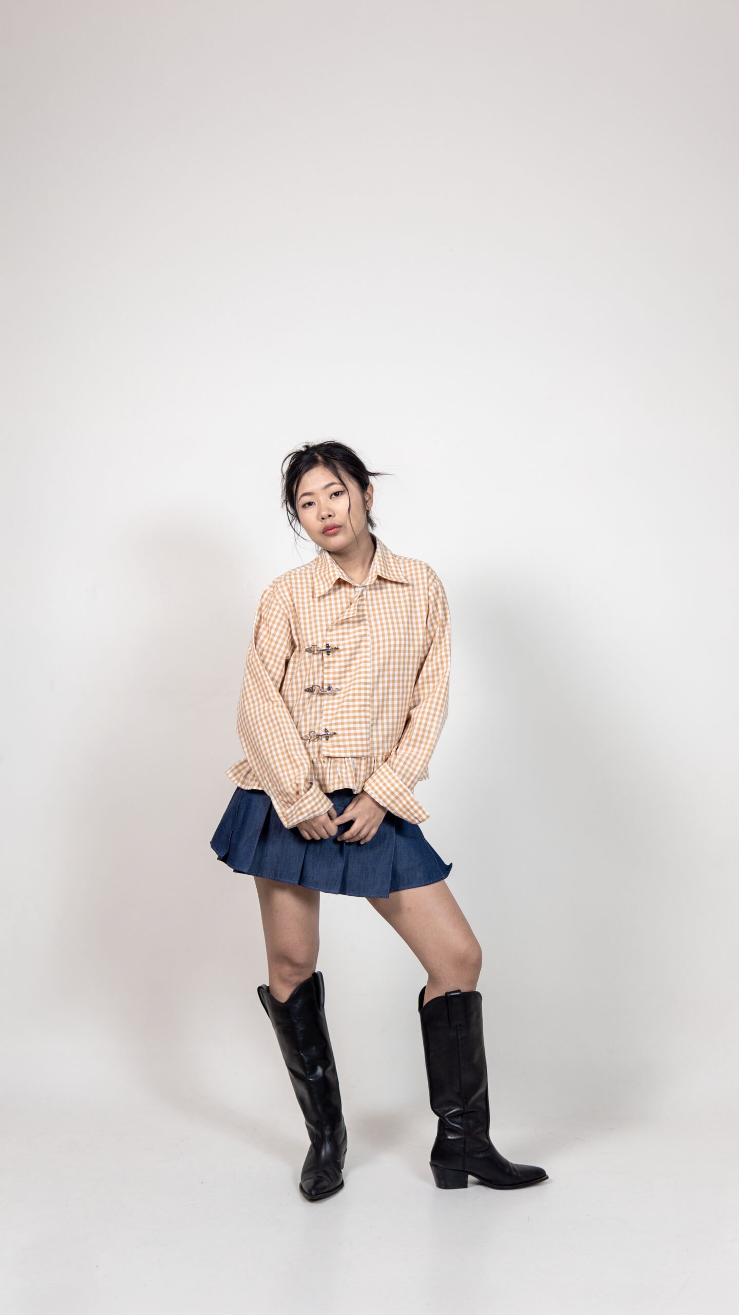 Brown Checked Ruffle Hem Shirt with Buckle Detail