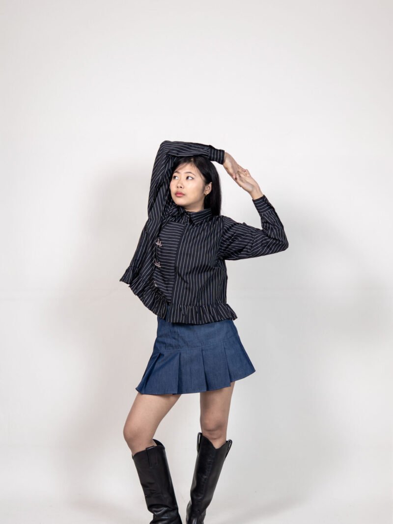 Black Pinstriped Ruffle Hem Shirt with Buckle Detail