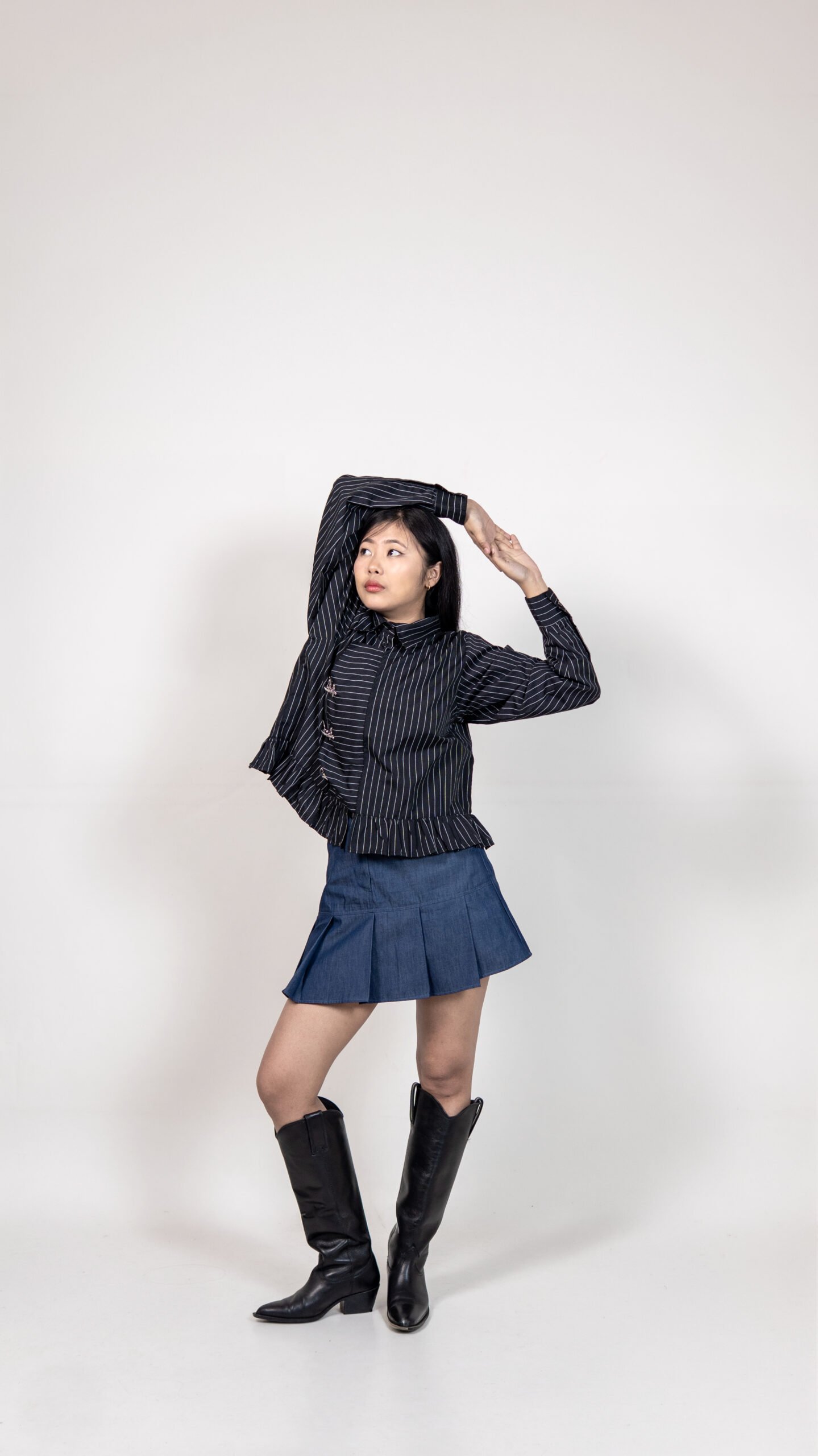 Black Pinstriped Ruffle Hem Shirt with Buckle Detail
