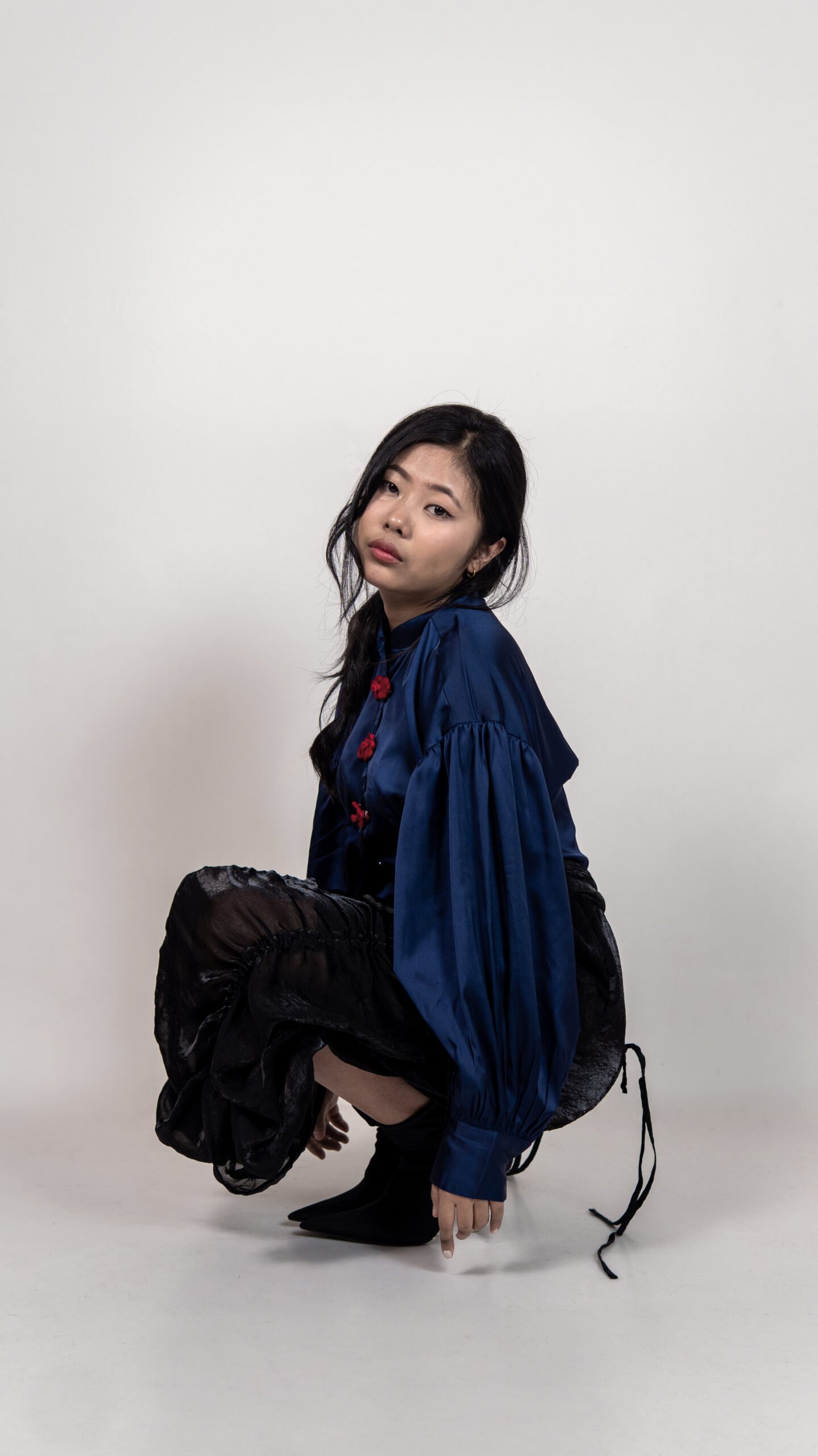 Navy Satin Top & Sheer Ruched Skirt