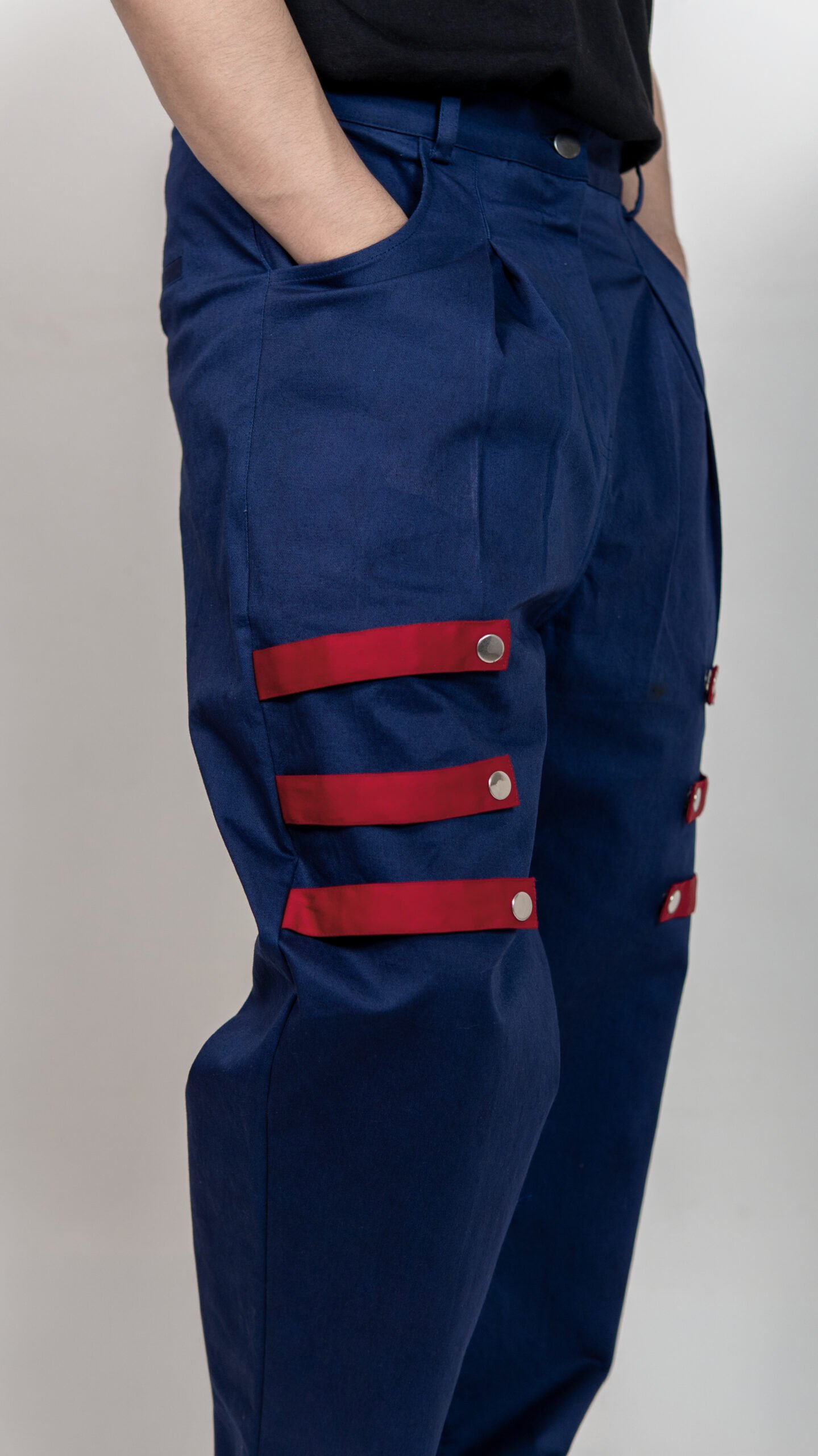 Navy Blue Cargo Pants with Red Strap Detail