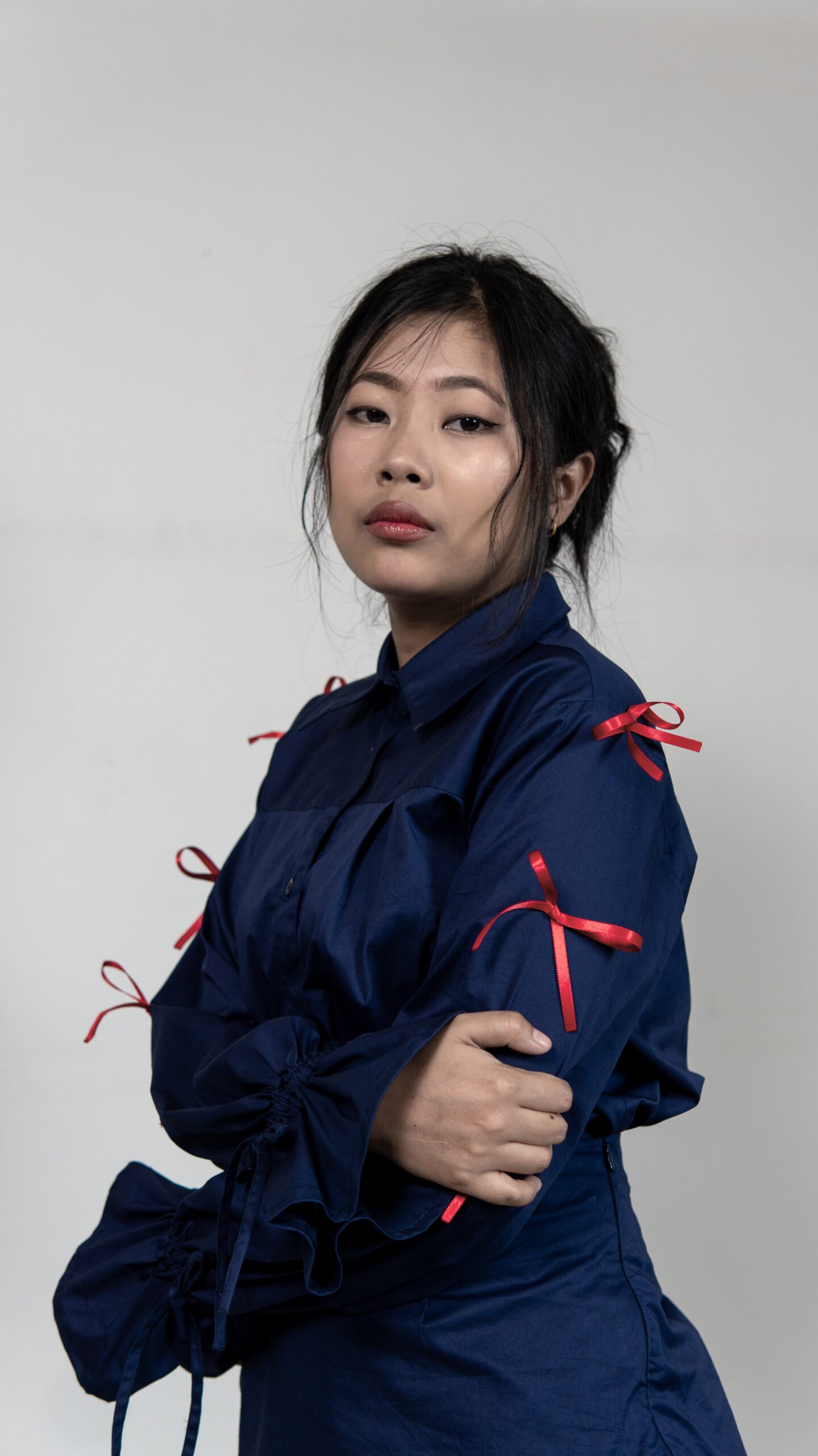 Navy Blue Shirt & balloon hem Skirt Set with Ribbon