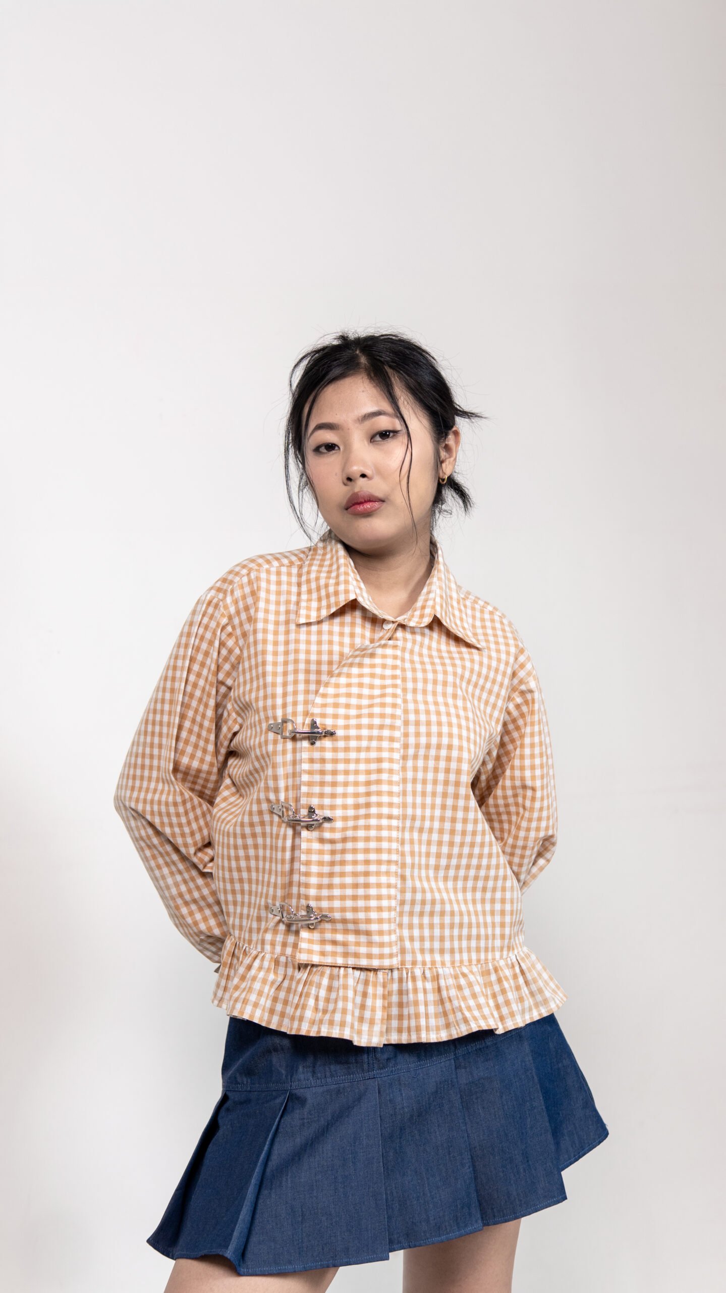 Brown Checked Ruffle Hem Shirt with Buckle Detail