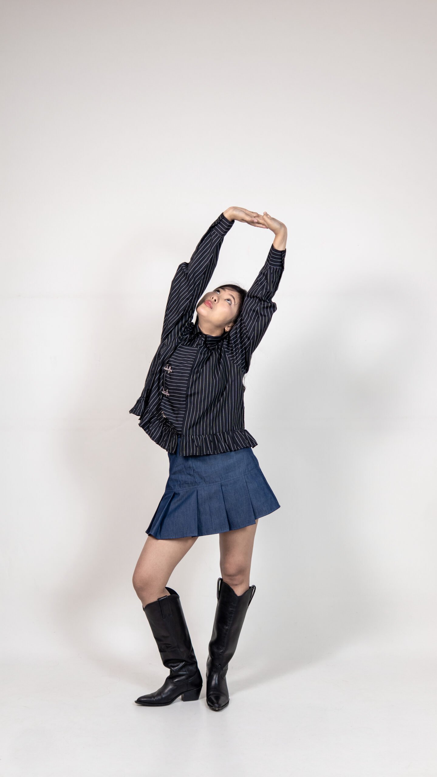 Black Pinstriped Ruffle Hem Shirt with Buckle Detail