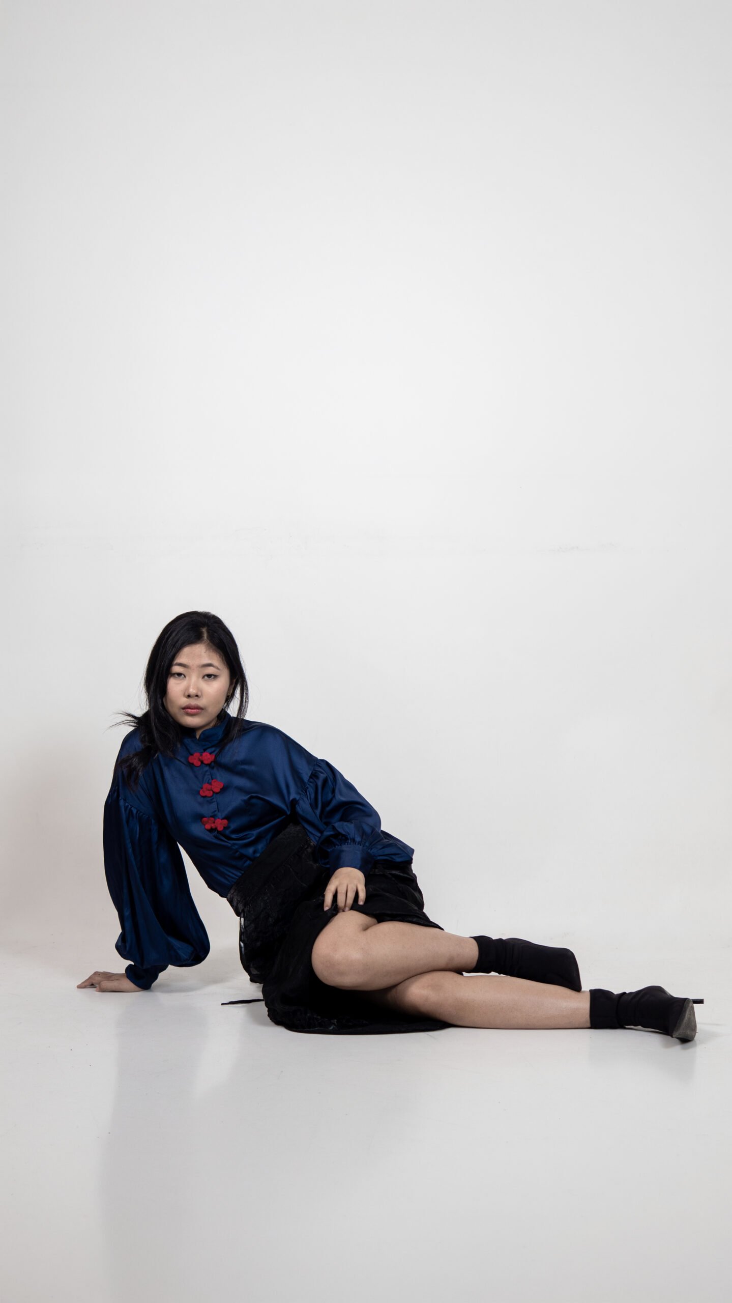 Navy Satin Top & Sheer Ruched Skirt