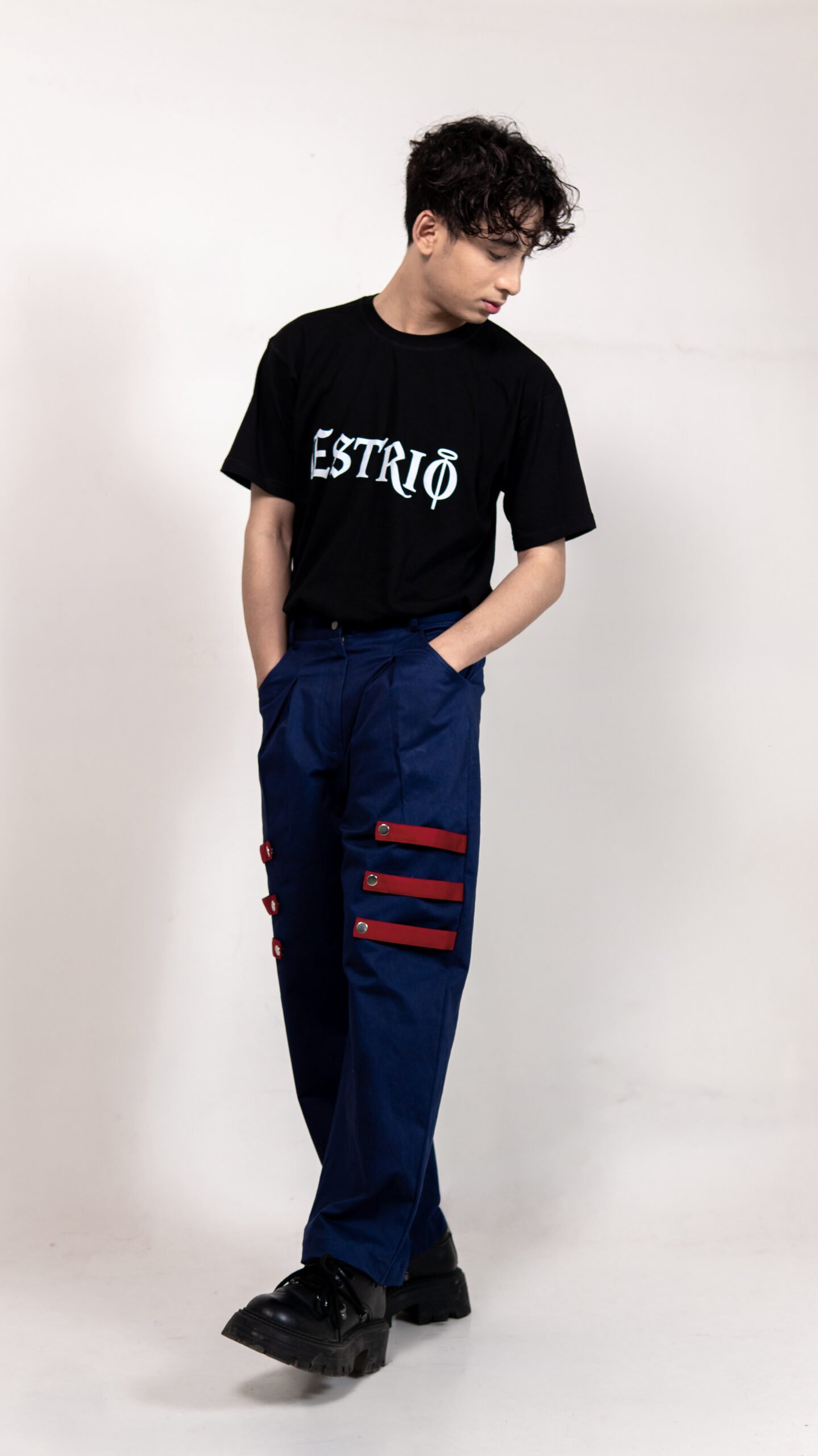 Navy Blue Cargo Pants with Red Strap Detail