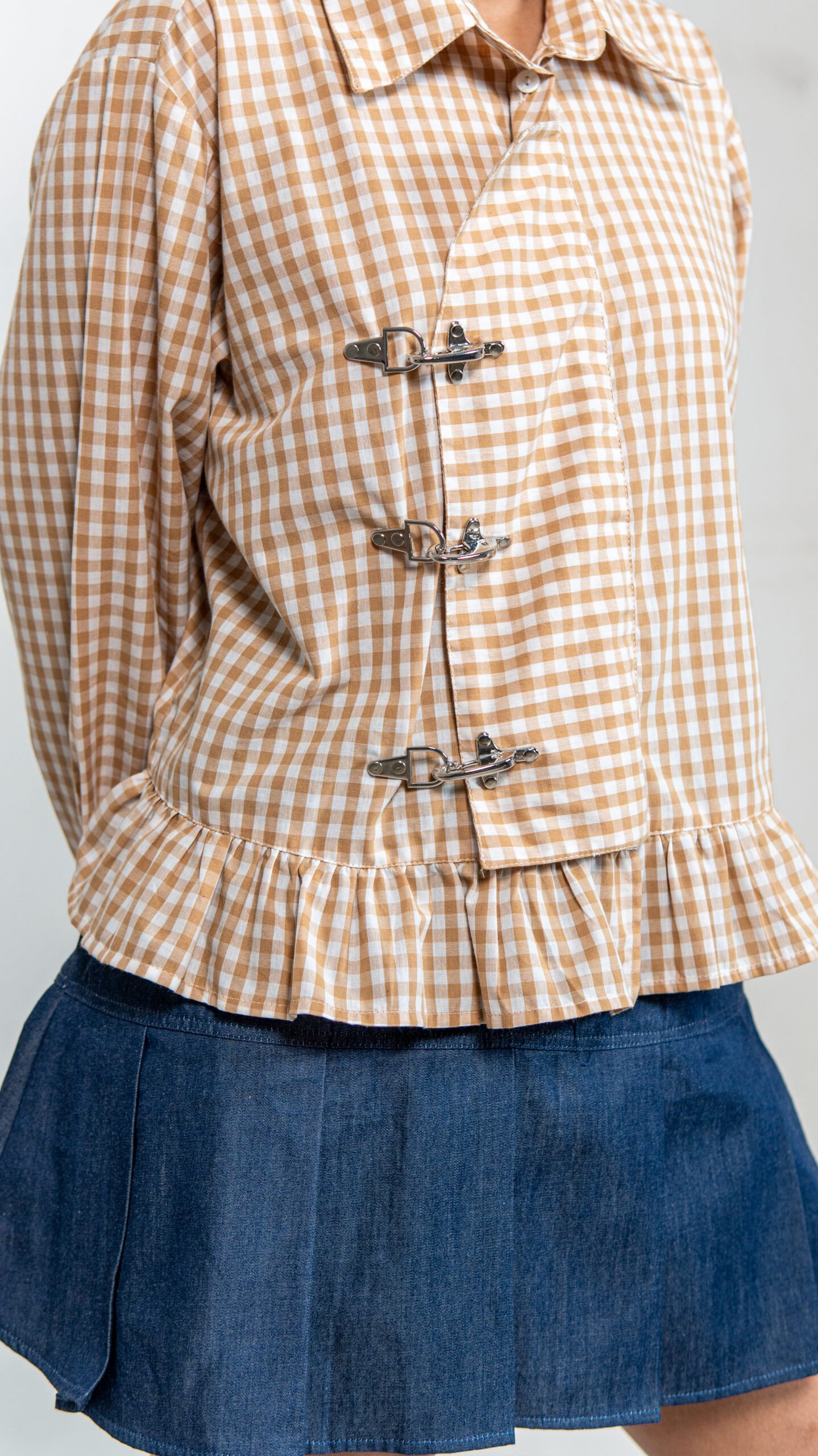 Brown Checked Ruffle Hem Shirt with Buckle Detail
