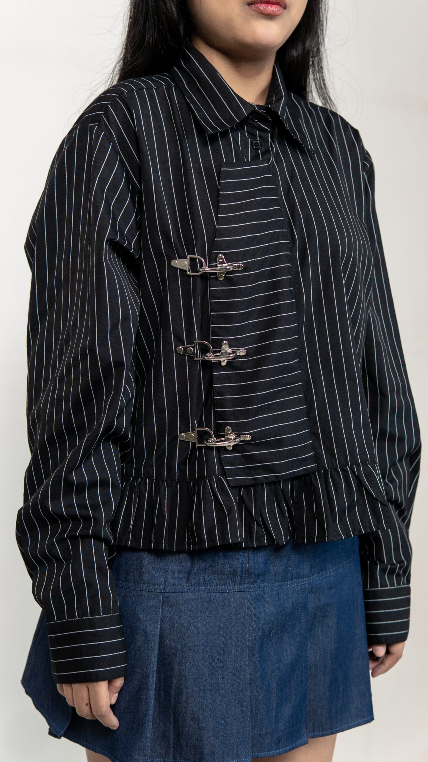 Black Pinstriped Ruffle Hem Shirt with Buckle Detail