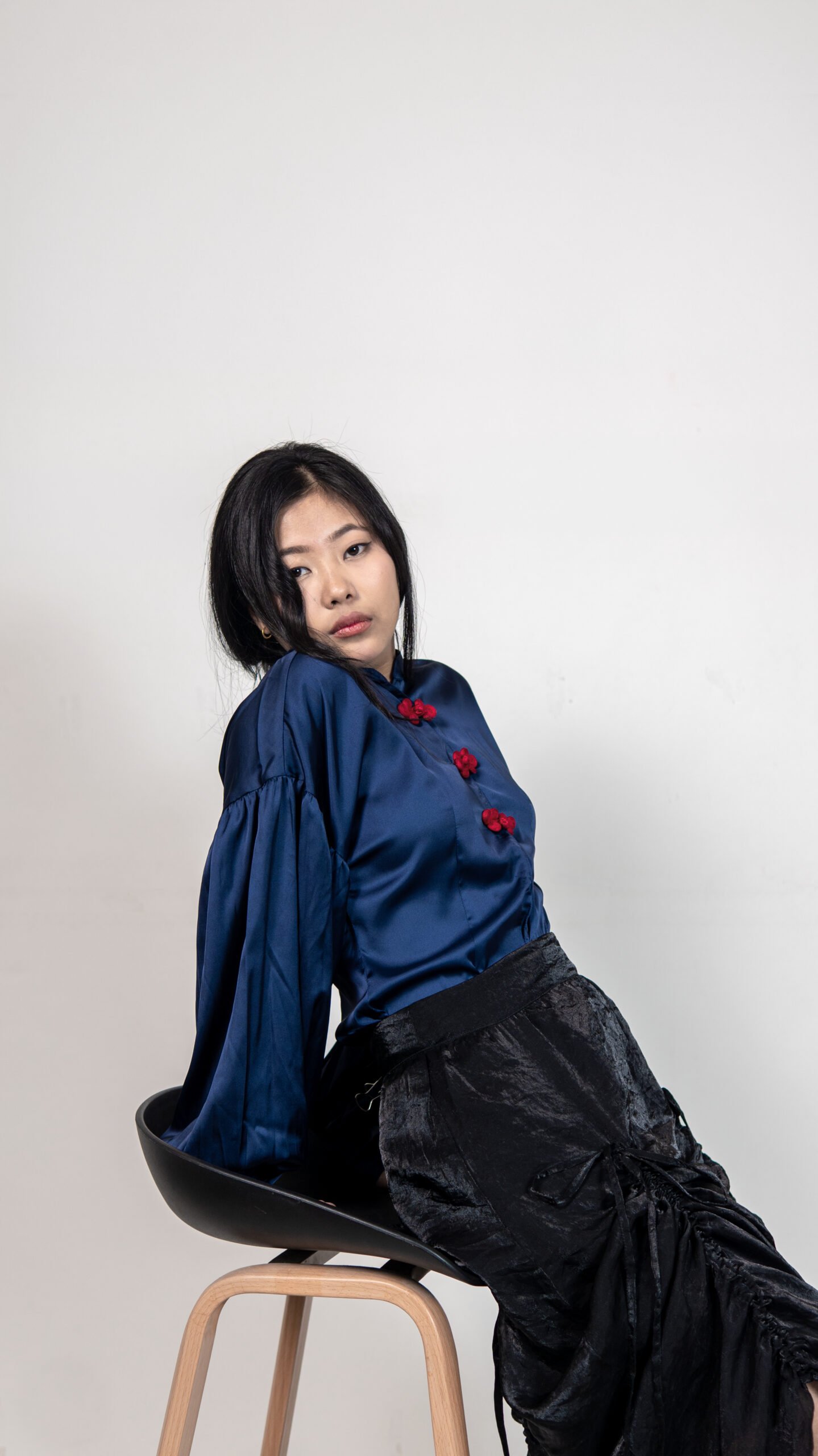 Navy Satin Top & Sheer Ruched Skirt