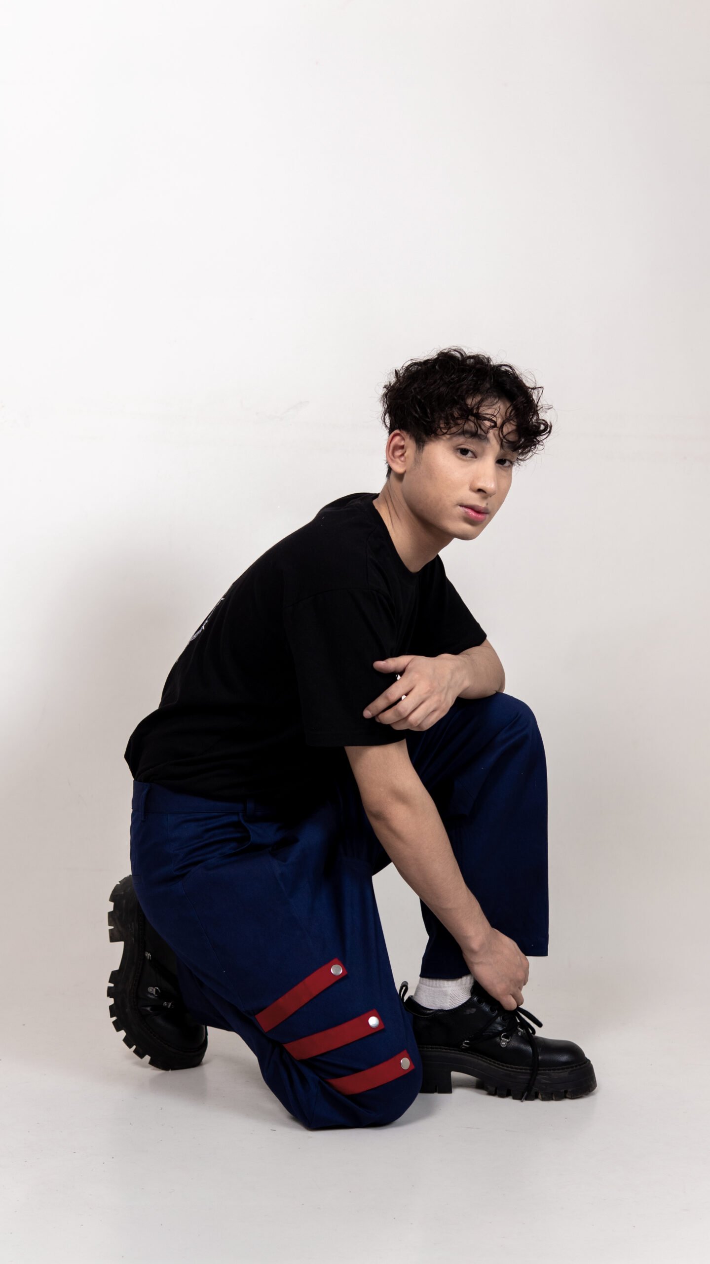 Navy Blue Cargo Pants with Red Strap Detail
