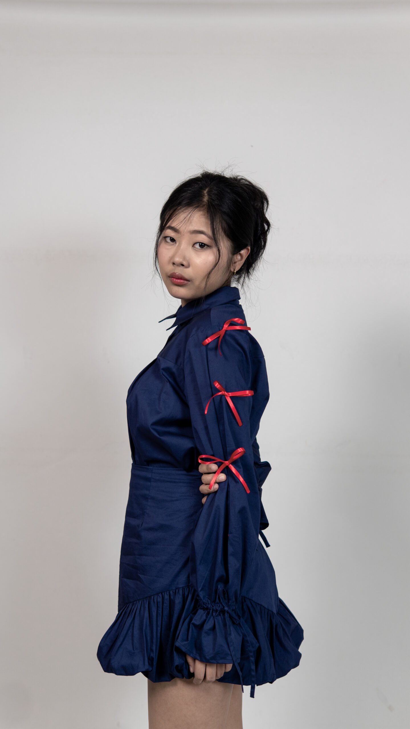 Navy Blue Shirt & balloon hem Skirt Set with Ribbon