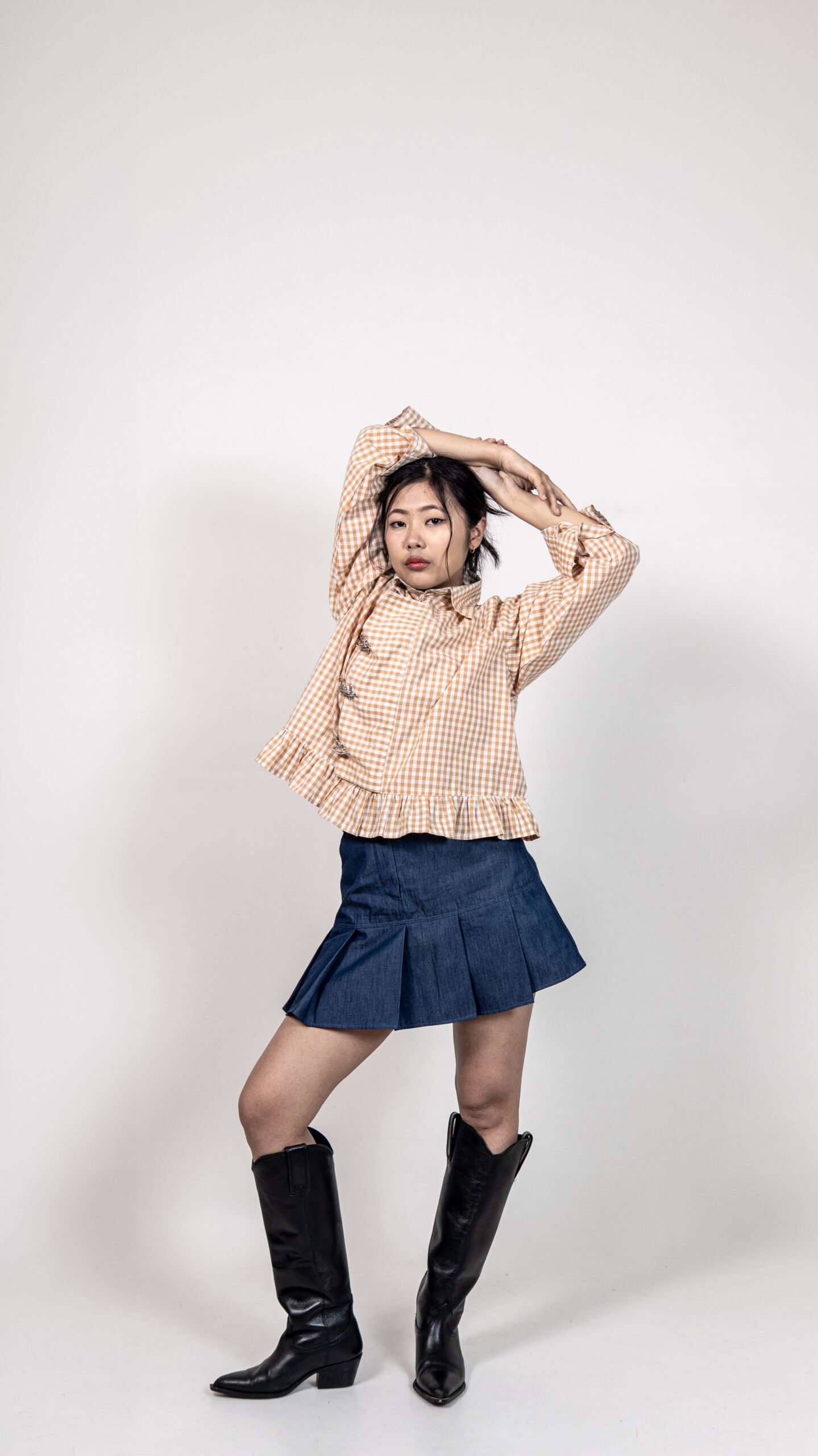 Brown Checked Ruffle Hem Shirt with Buckle Detail