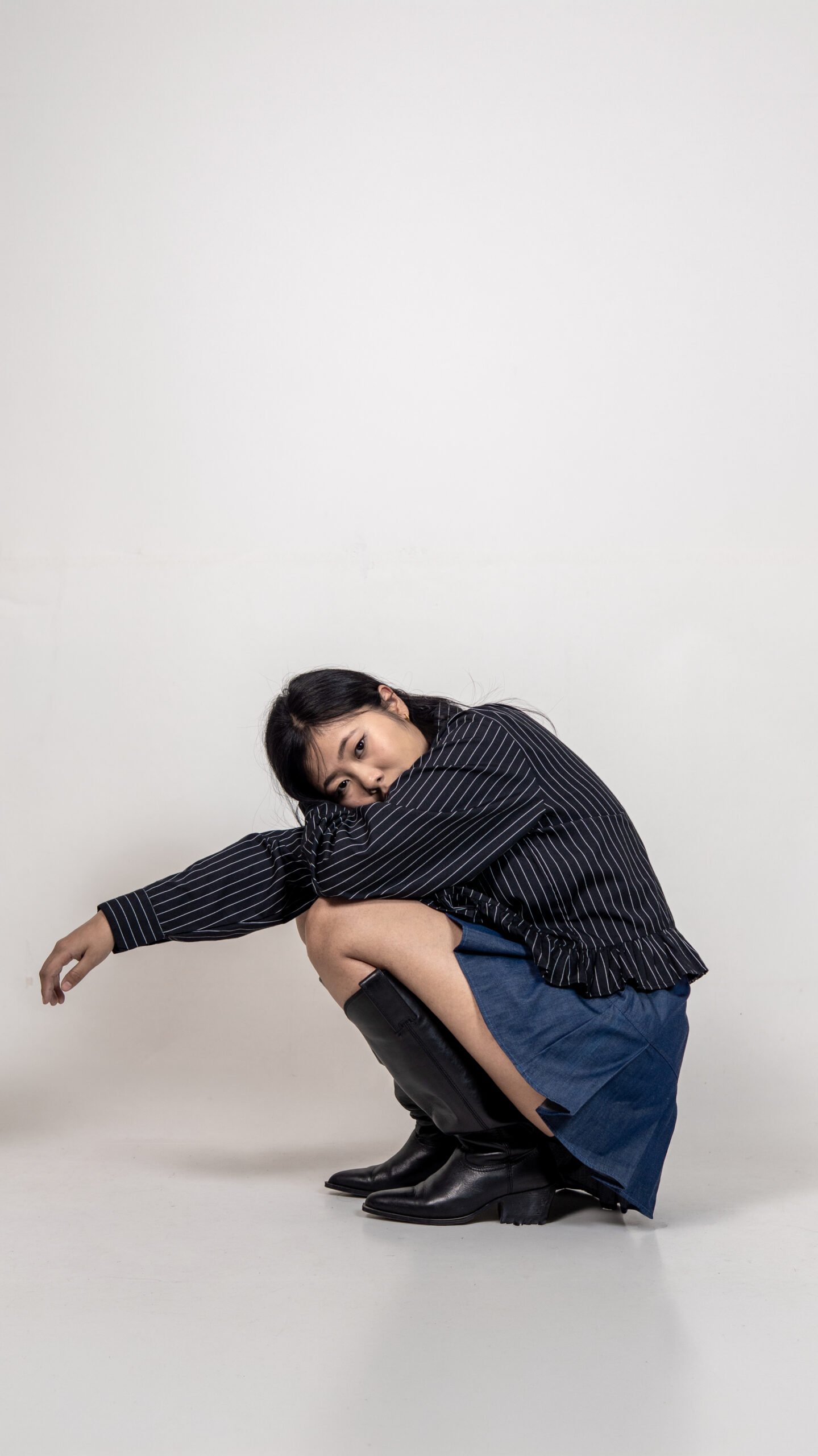 Black Pinstriped Ruffle Hem Shirt with Buckle Detail