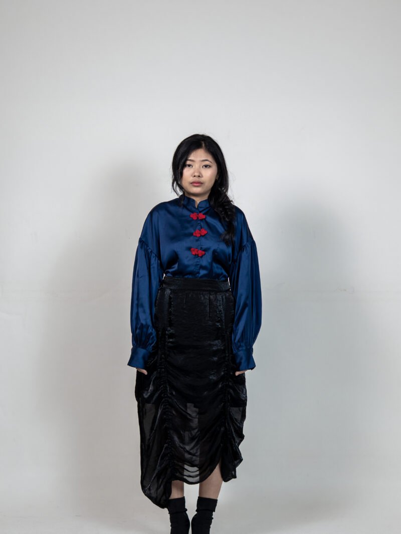 Navy Satin Top & Sheer Ruched Skirt