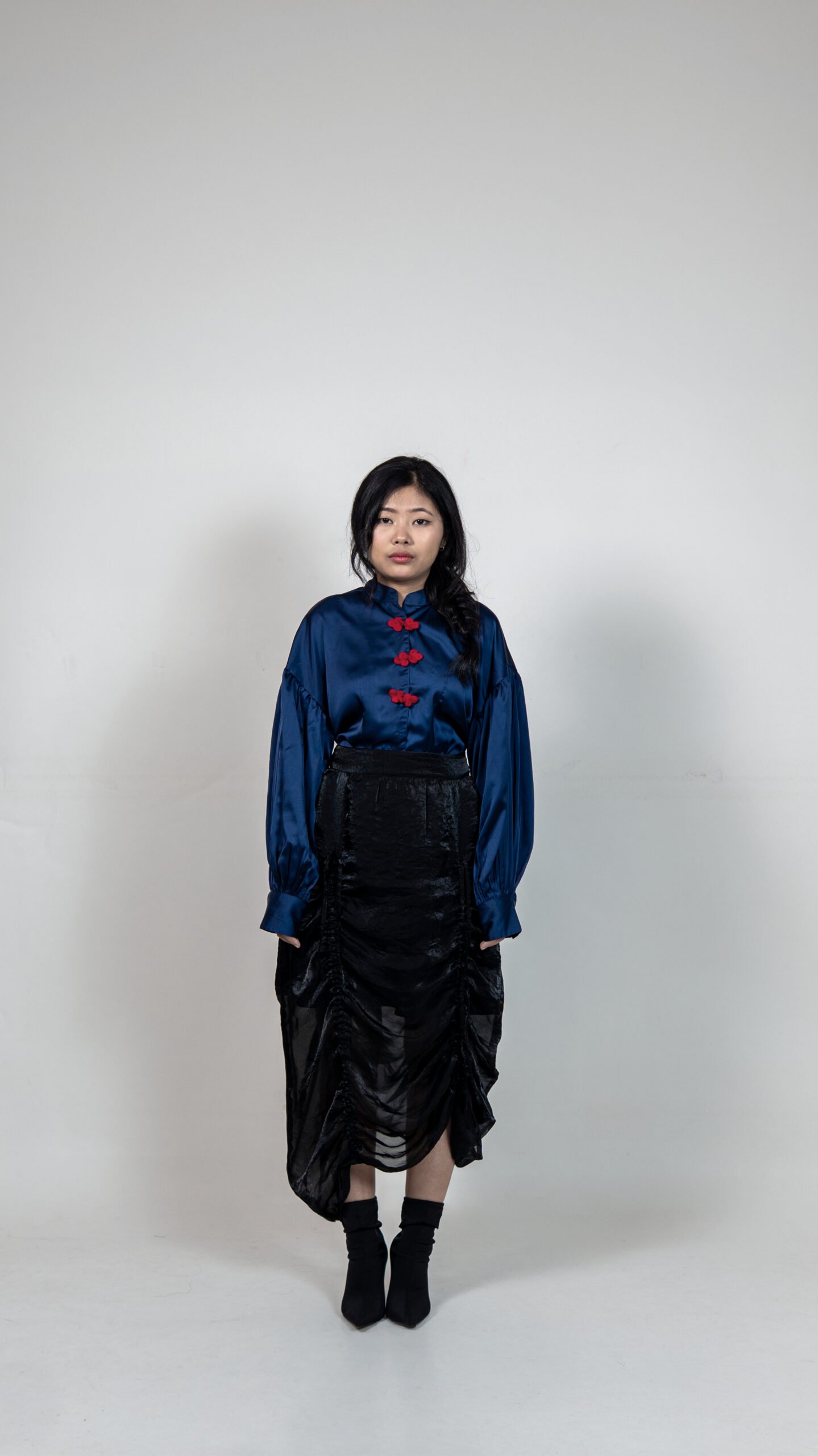 Navy Satin Top & Sheer Ruched Skirt