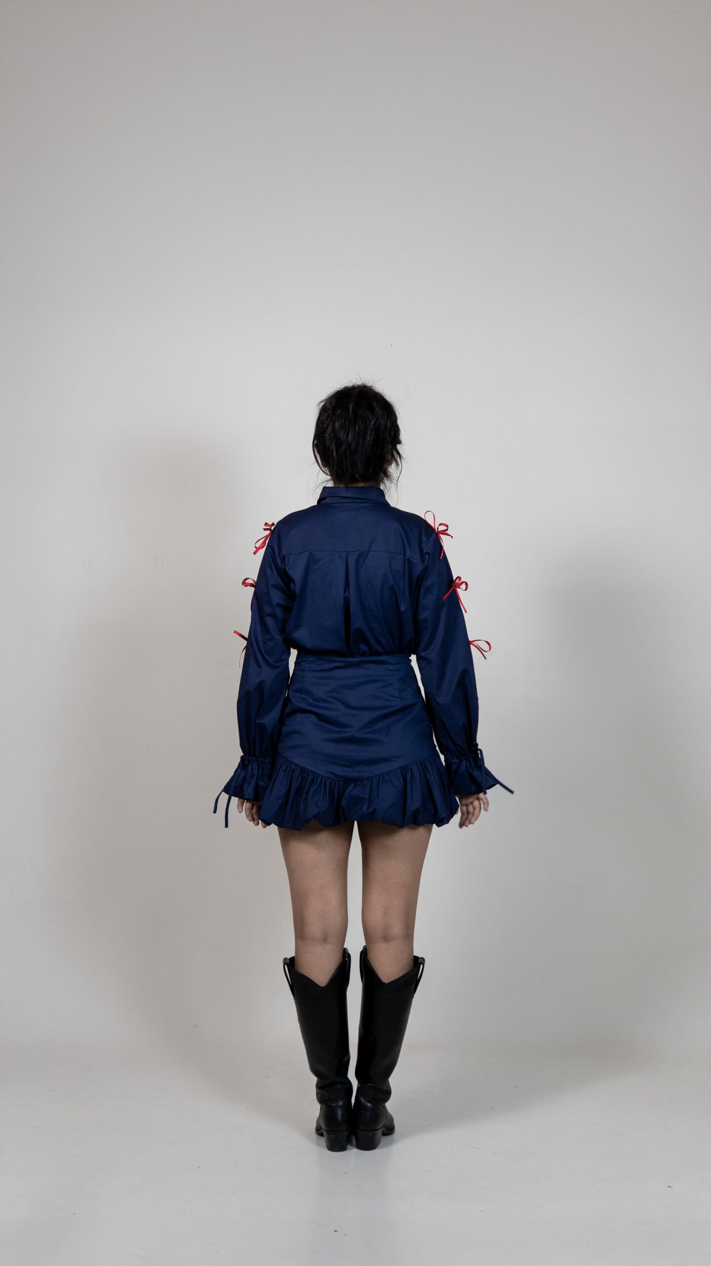 Navy Blue Shirt & balloon hem Skirt Set with Ribbon