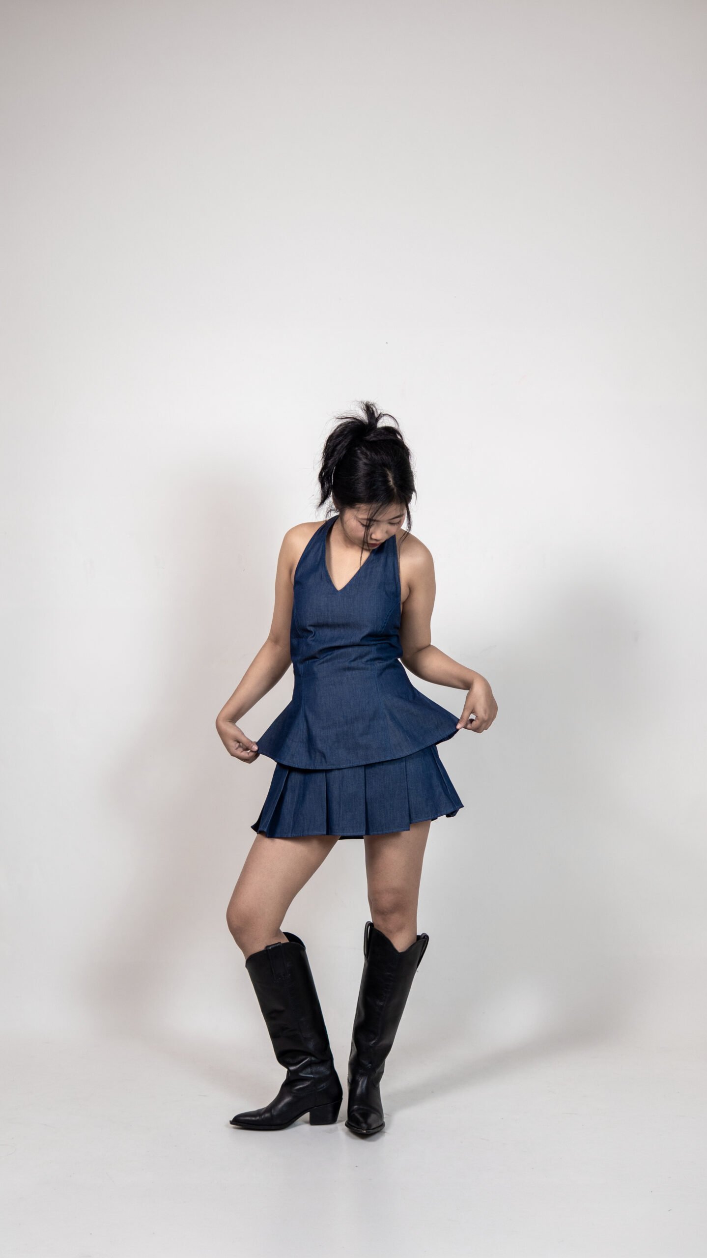 Denim Halter Top & Pleated Skirt