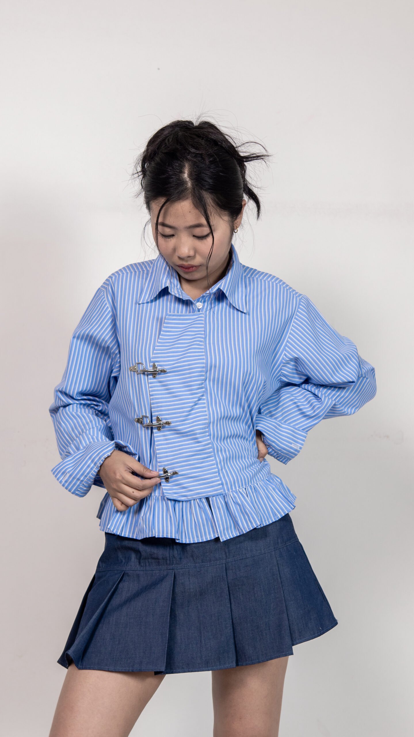 Blue Striped Ruffle Hem Shirt with Buckle Detail
