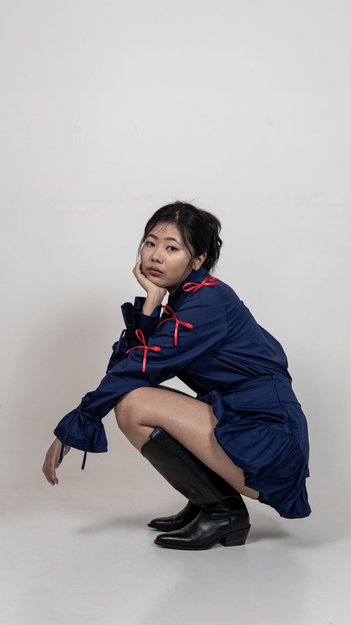 Navy Blue Shirt & balloon hem Skirt Set with Ribbon
