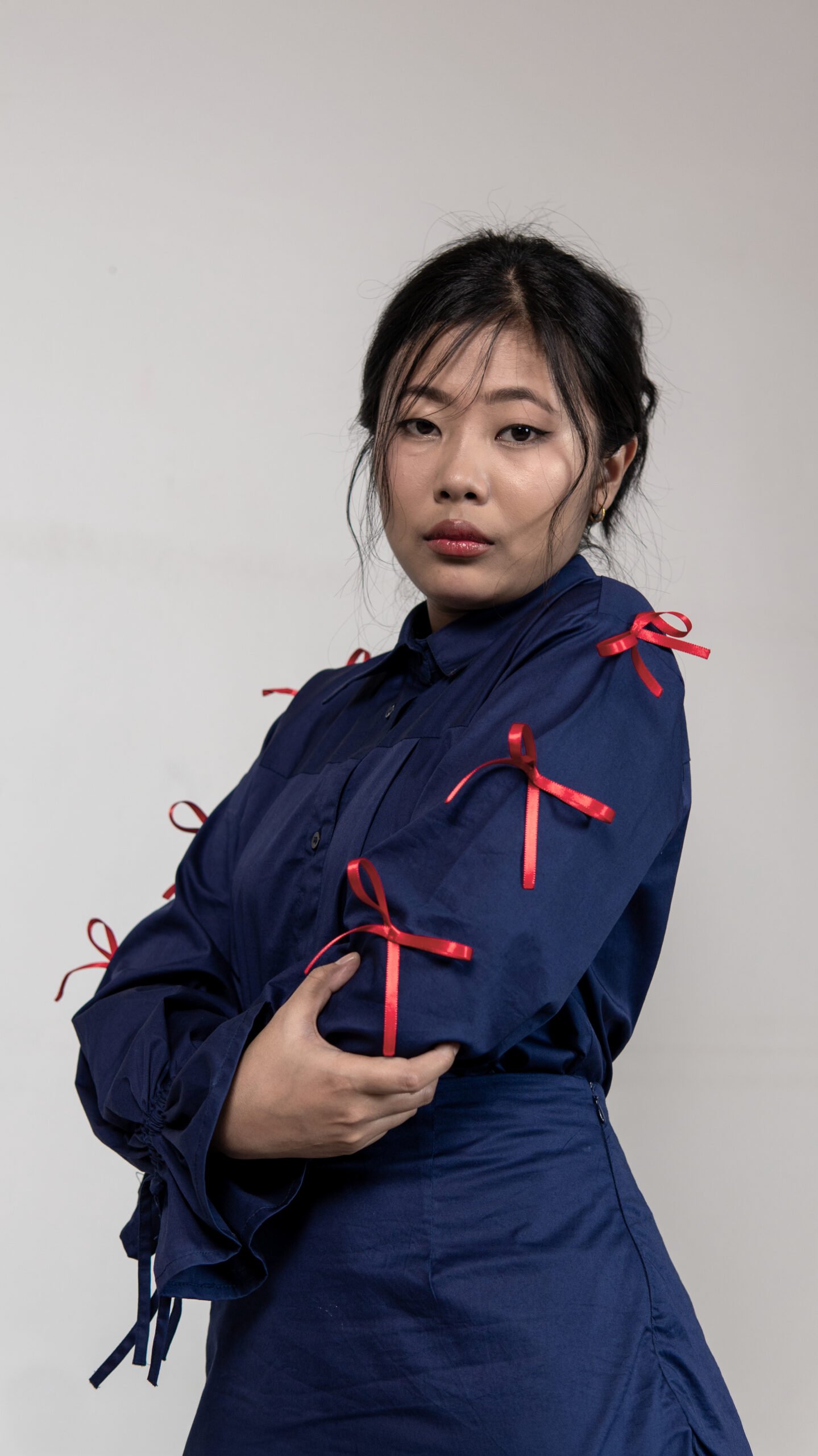 Navy Blue Shirt & balloon hem Skirt Set with Ribbon