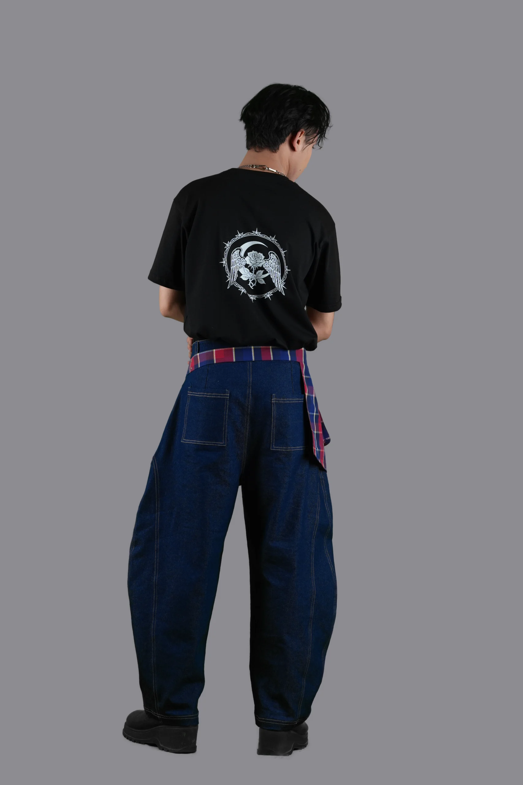 Dark Wash Barrel Jeans with Check Belt